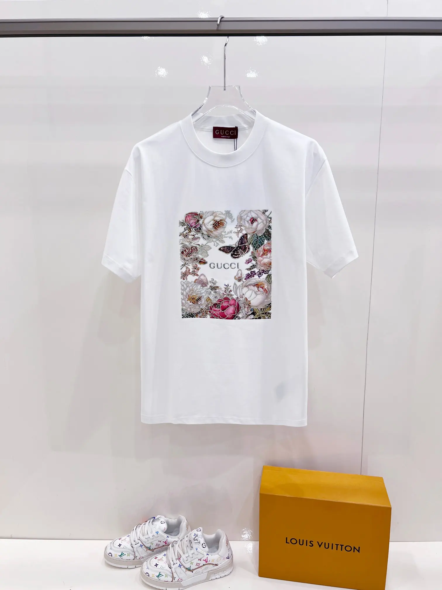 Floral Print Rhinestone-Embellished T-Shirt D14521445