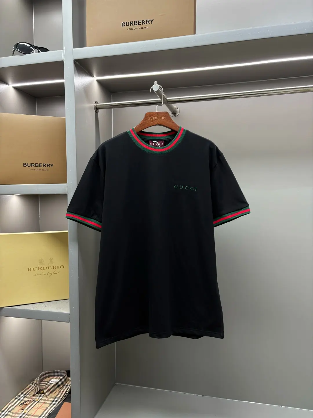 Web-Stripe Trim Embroidered Cotton T-Shirt D14513531