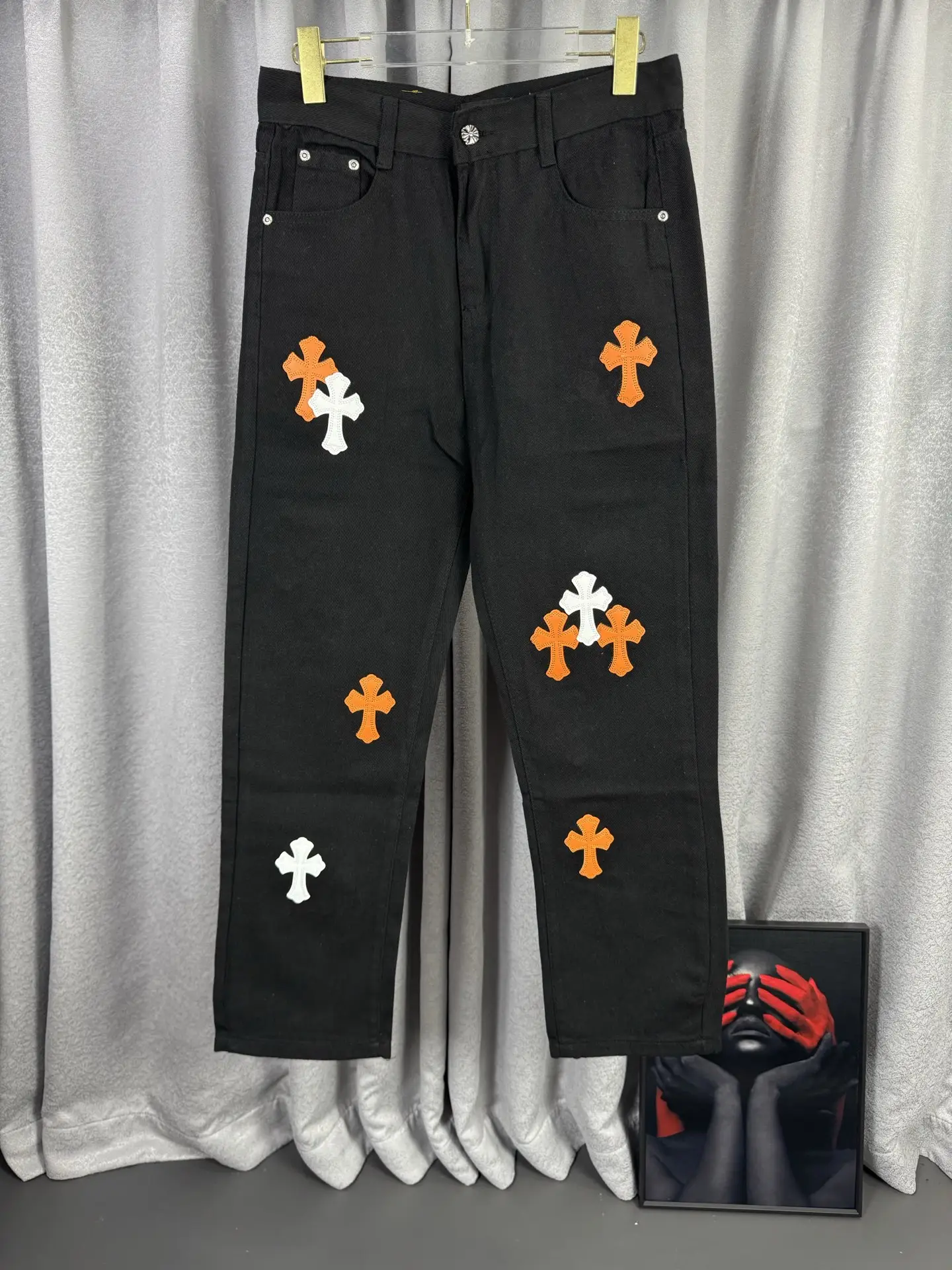 Chrome Hearts Leather Cross Patch Straight-Leg Jeans D18019575