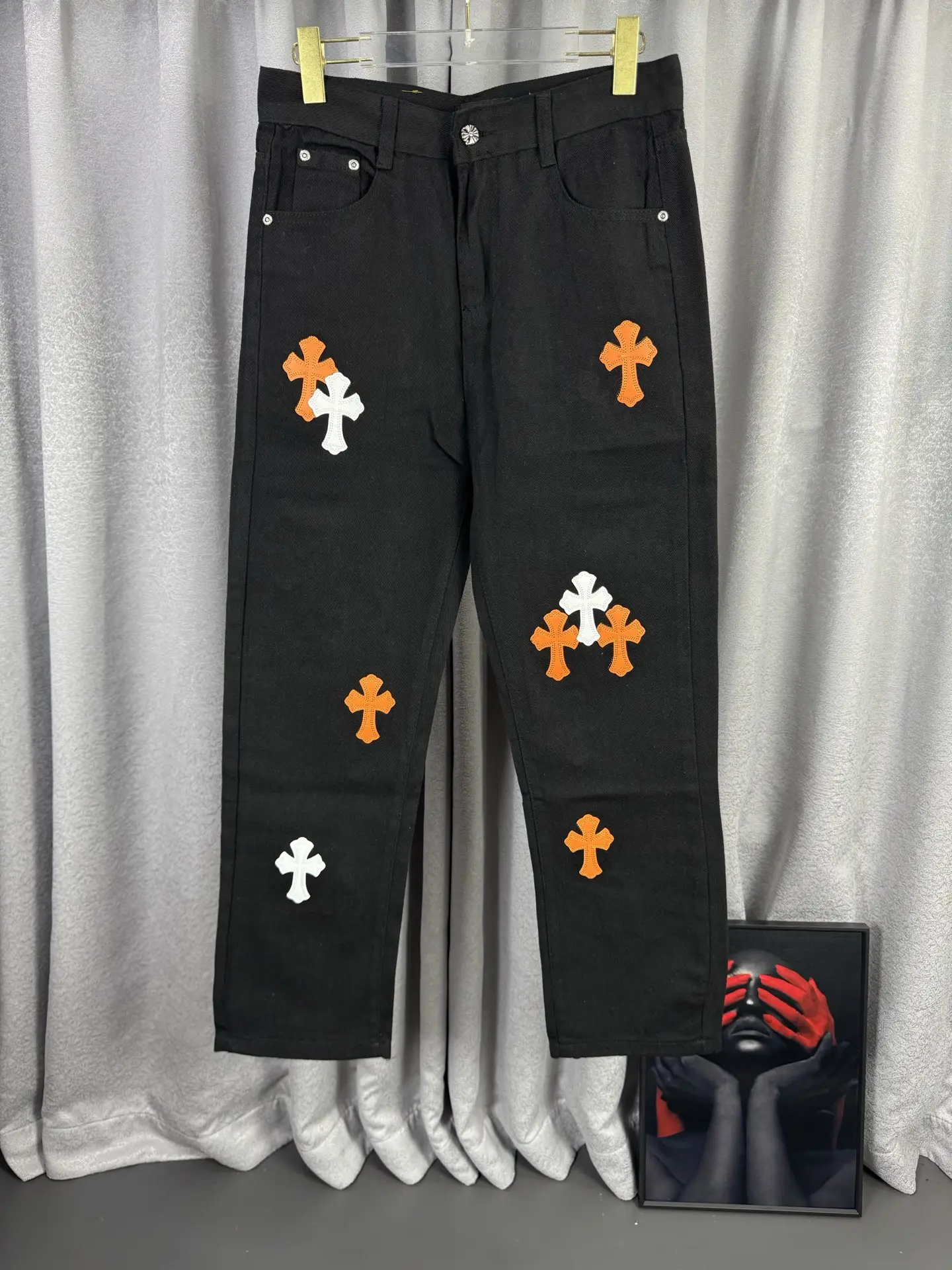 Chrome Hearts Leather Cross Patch Straight-Leg Jeans D18019575