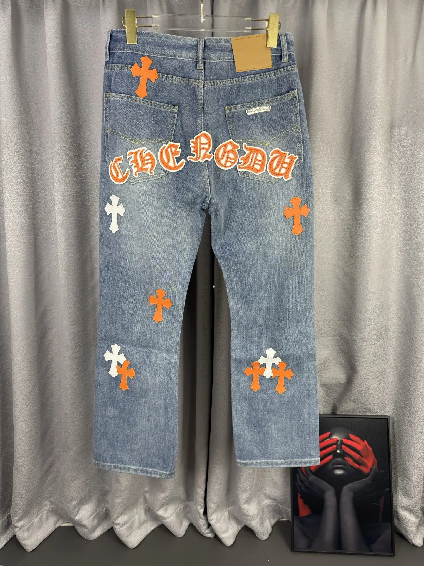 Leather Cross Patch Straight-Leg Jeans D18019544 — view 2