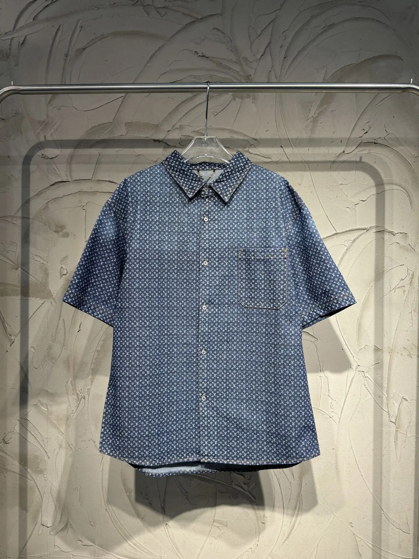 Monogram Print Short-Sleeve Denim Shirt D22524320