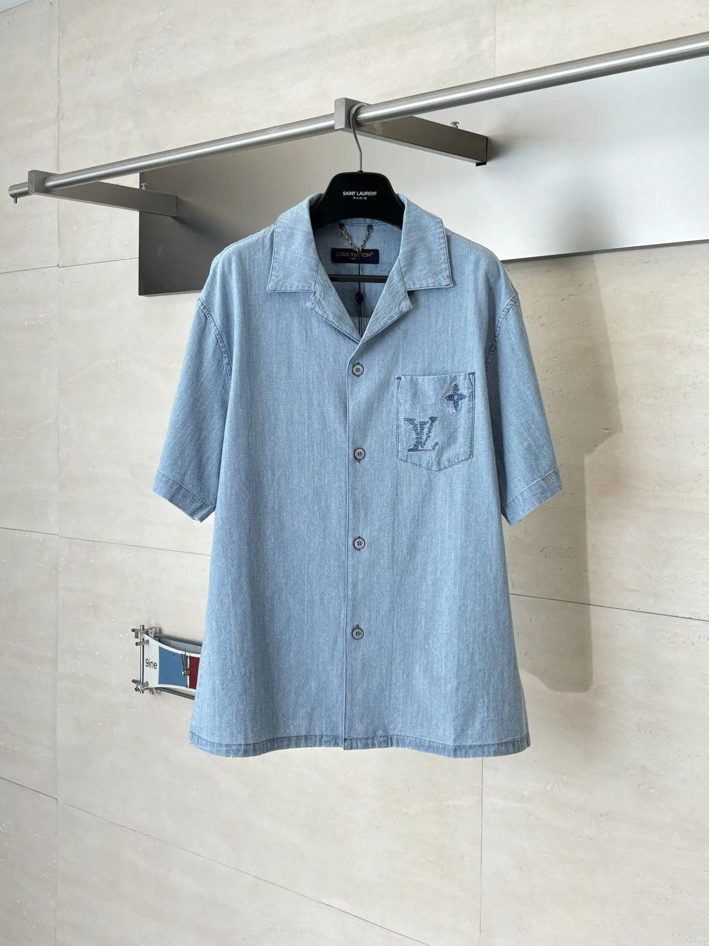 Monogram Embroidered Short-Sleeve Denim Shirt D26518724