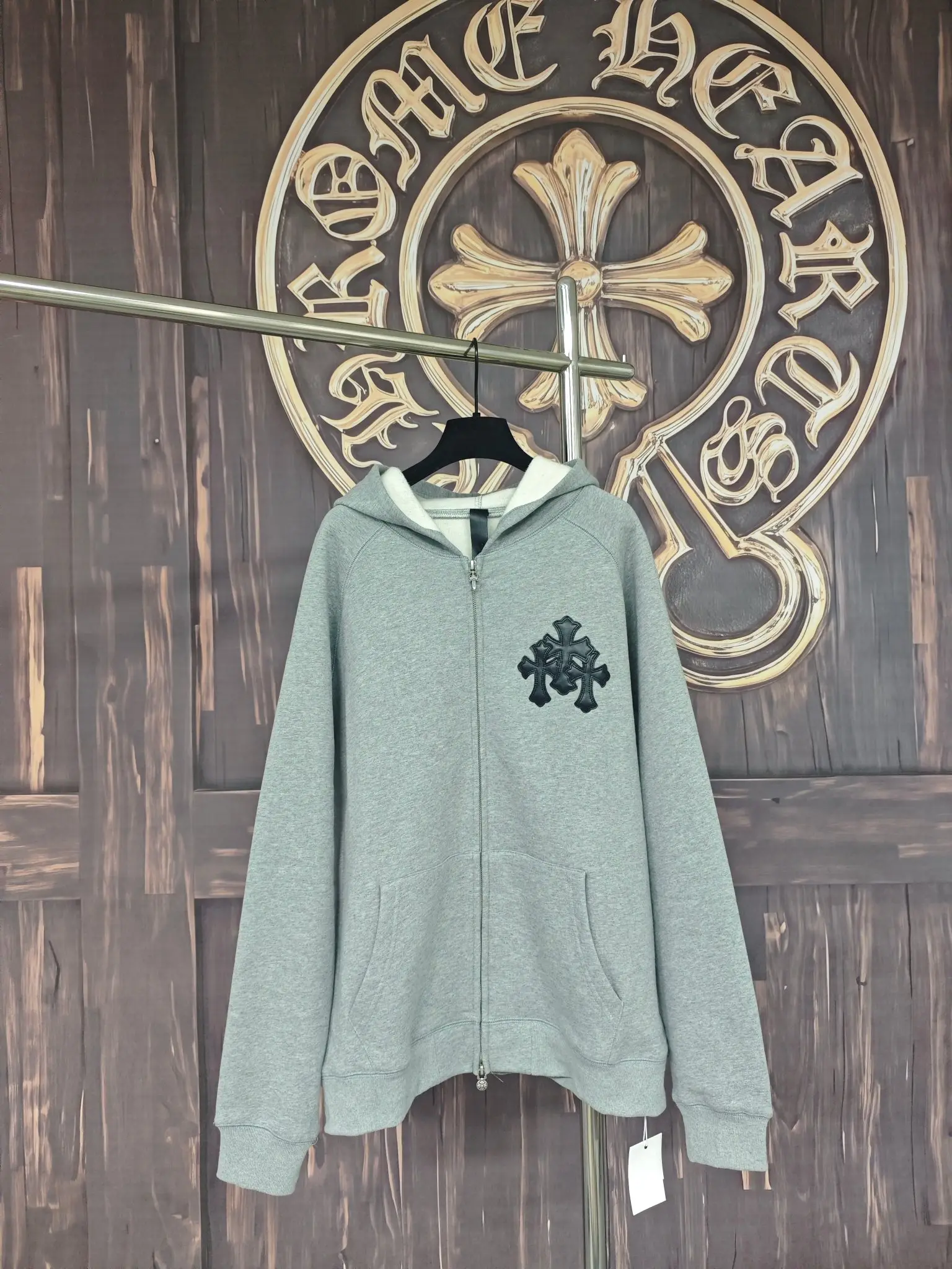 Leather Cross Patch Zip-Up Hoodie D28020294