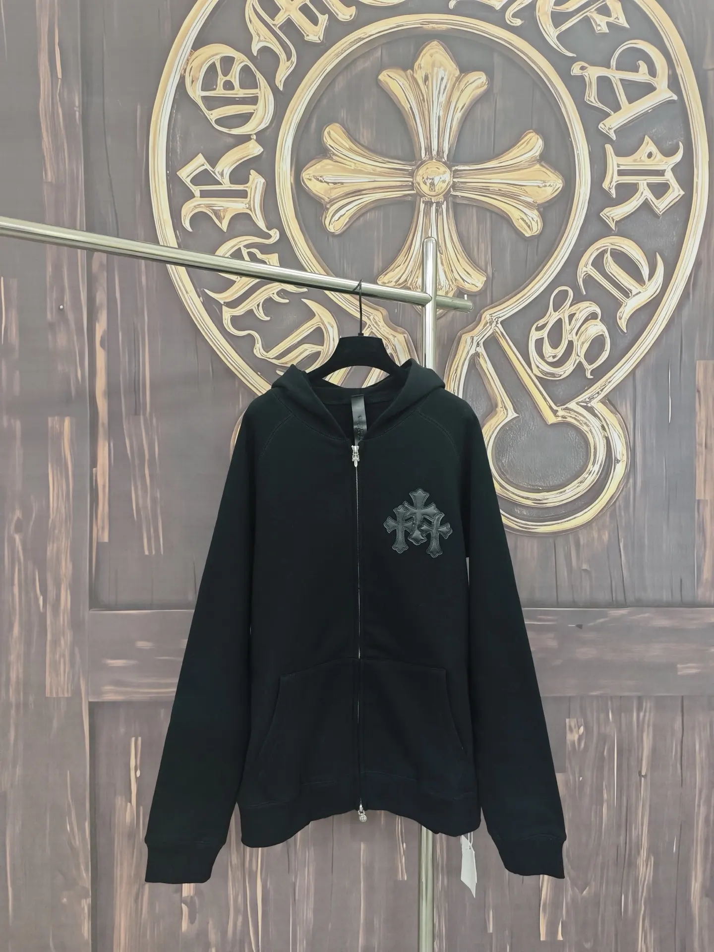 Leather-Trimmed Cross Patch Zip-Up Hoodie D28020297