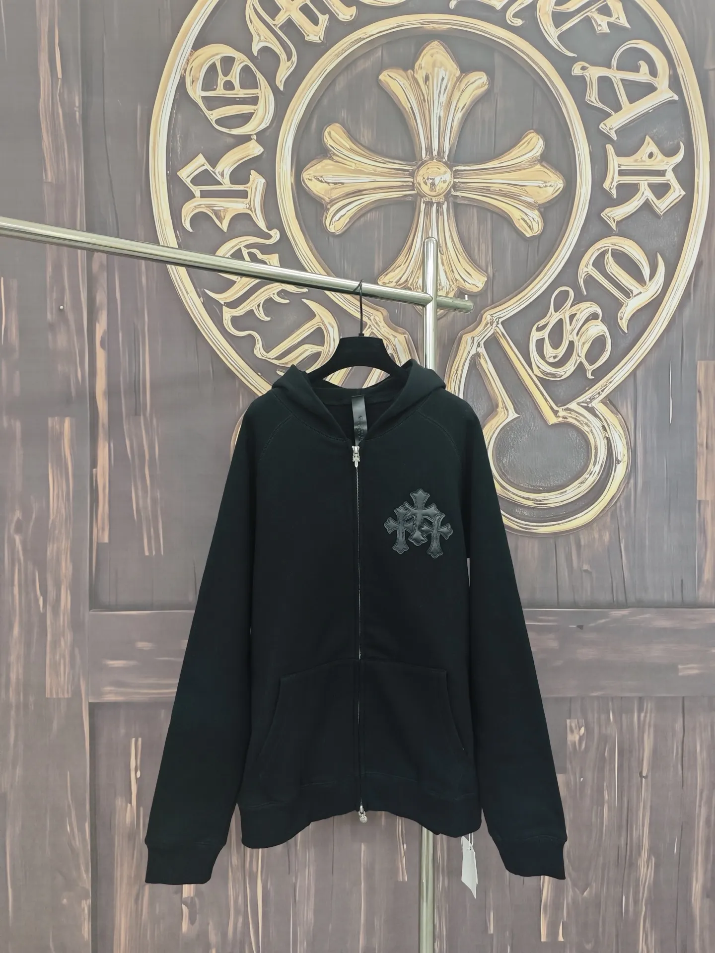 Leather-Trimmed Cross Patch Zip-Up Hoodie D28020297