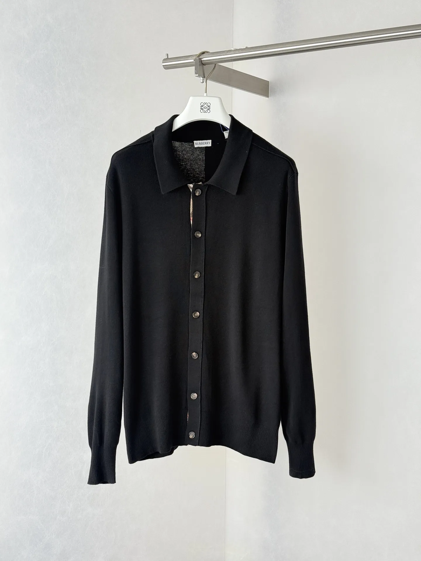 Check-Trim Knit Cardigan with Spread Collar D31022007