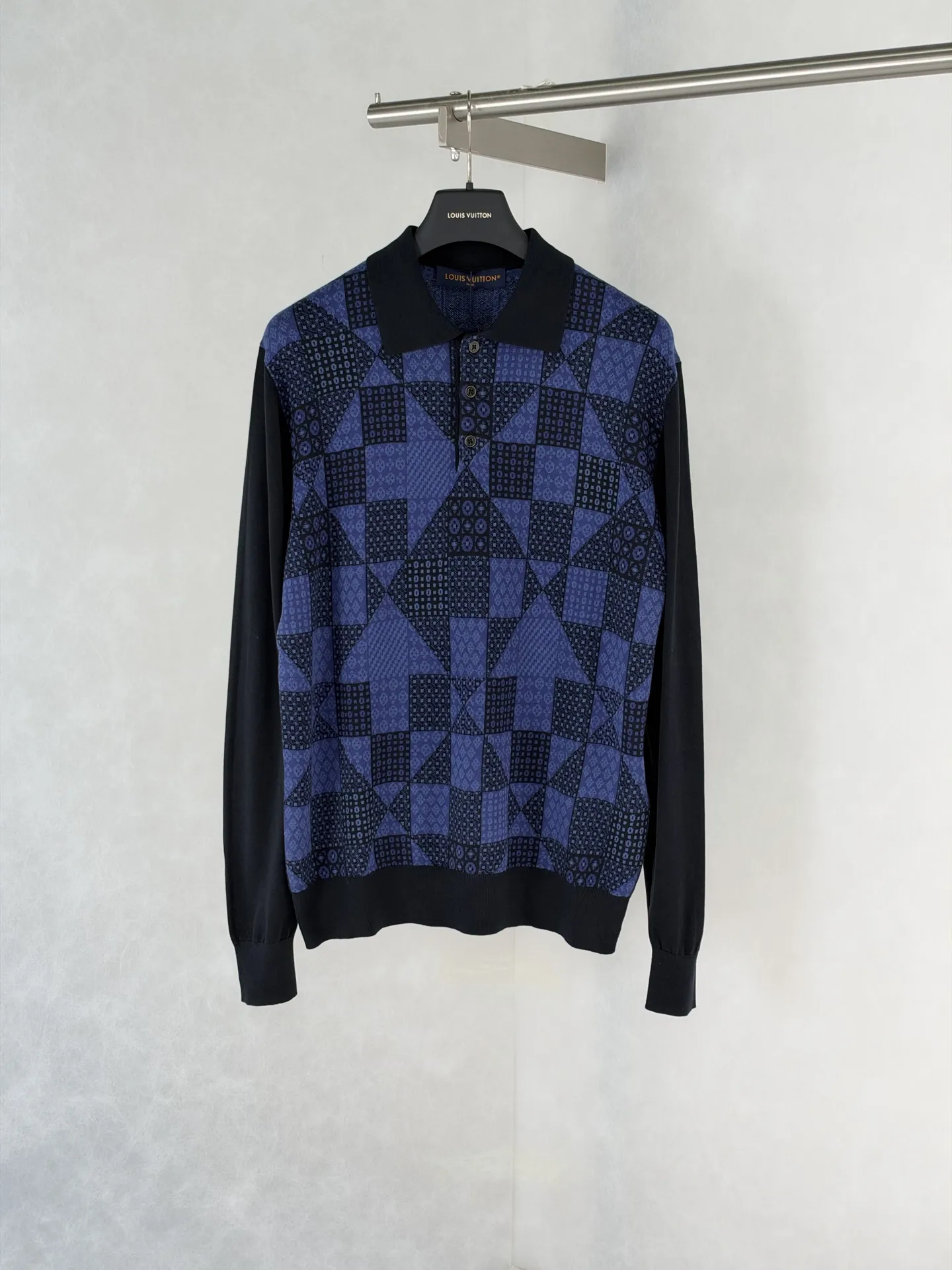 Damier Jacquard Knit Long-Sleeved Polo Shirt D31520477