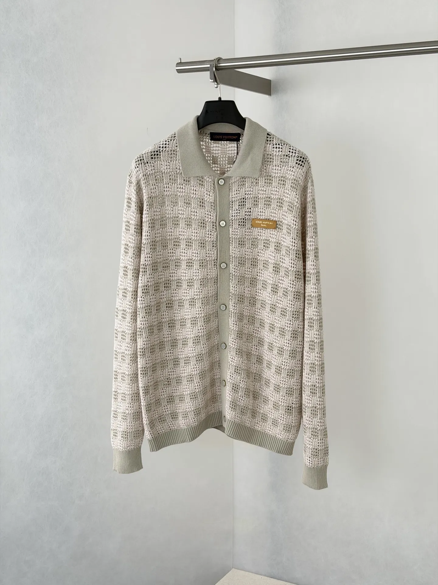 Open-Knit Mesh Cardigan with Leather Logo Patch D32521994