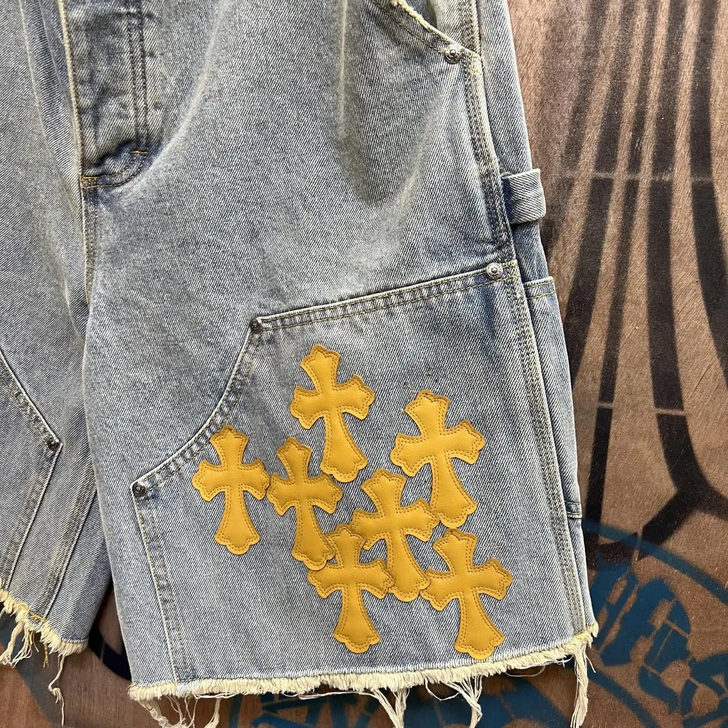 Remade Leather Cross Patch Denim Shorts D33014550 — view 5