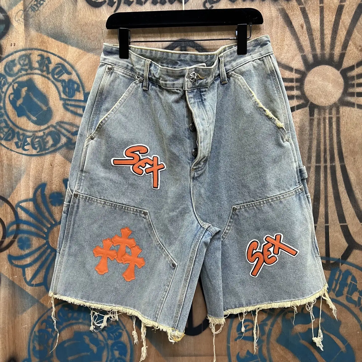 Remake Leather-Patch Denim Shorts D33014554