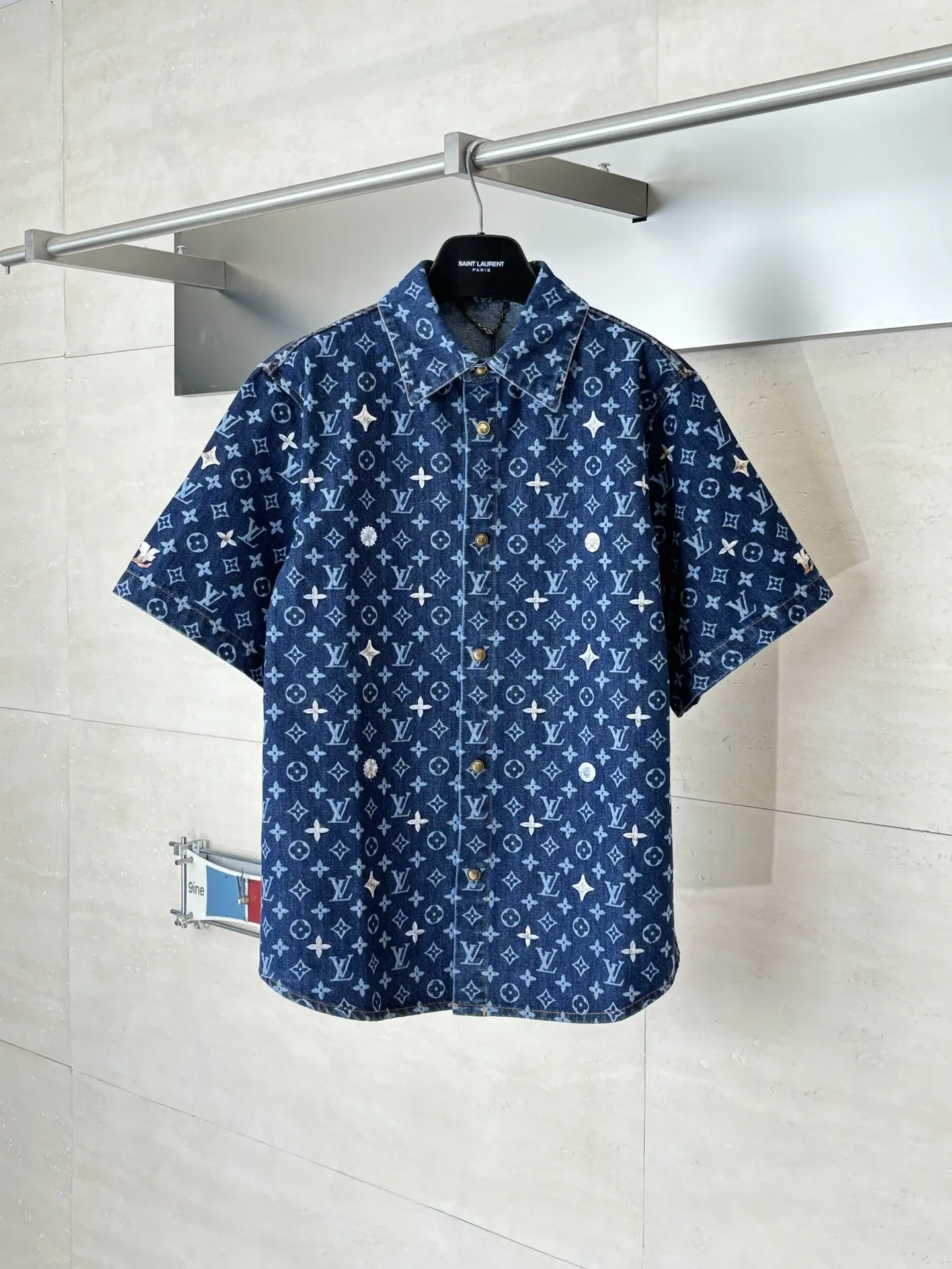Monogram Embroidered Denim Short-Sleeve Shirt D33518595