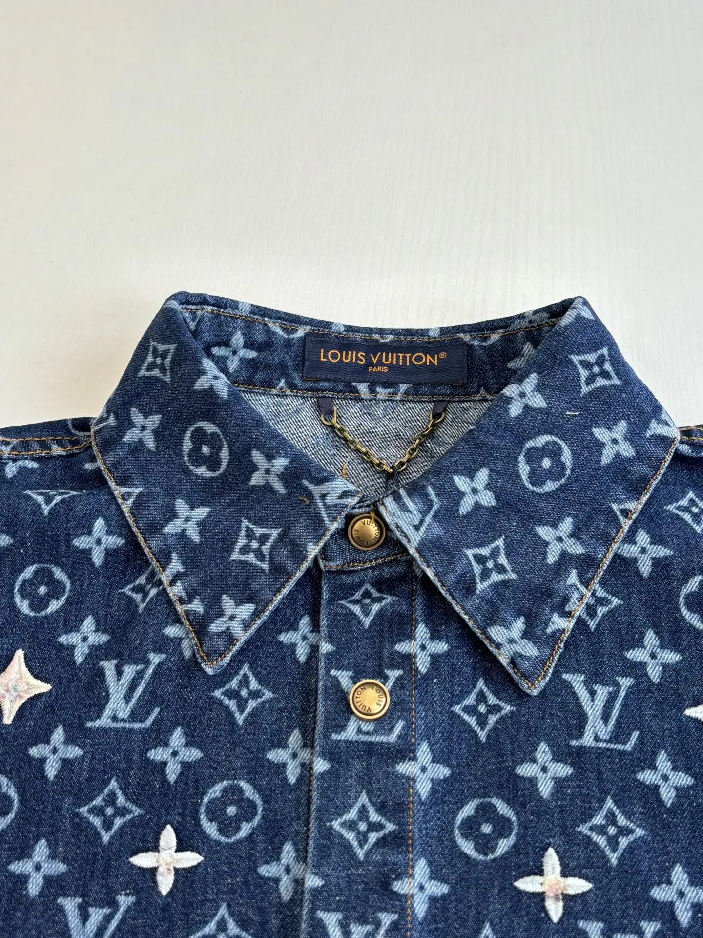Monogram Embroidered Denim Short-Sleeve Shirt D33518595 — view 5