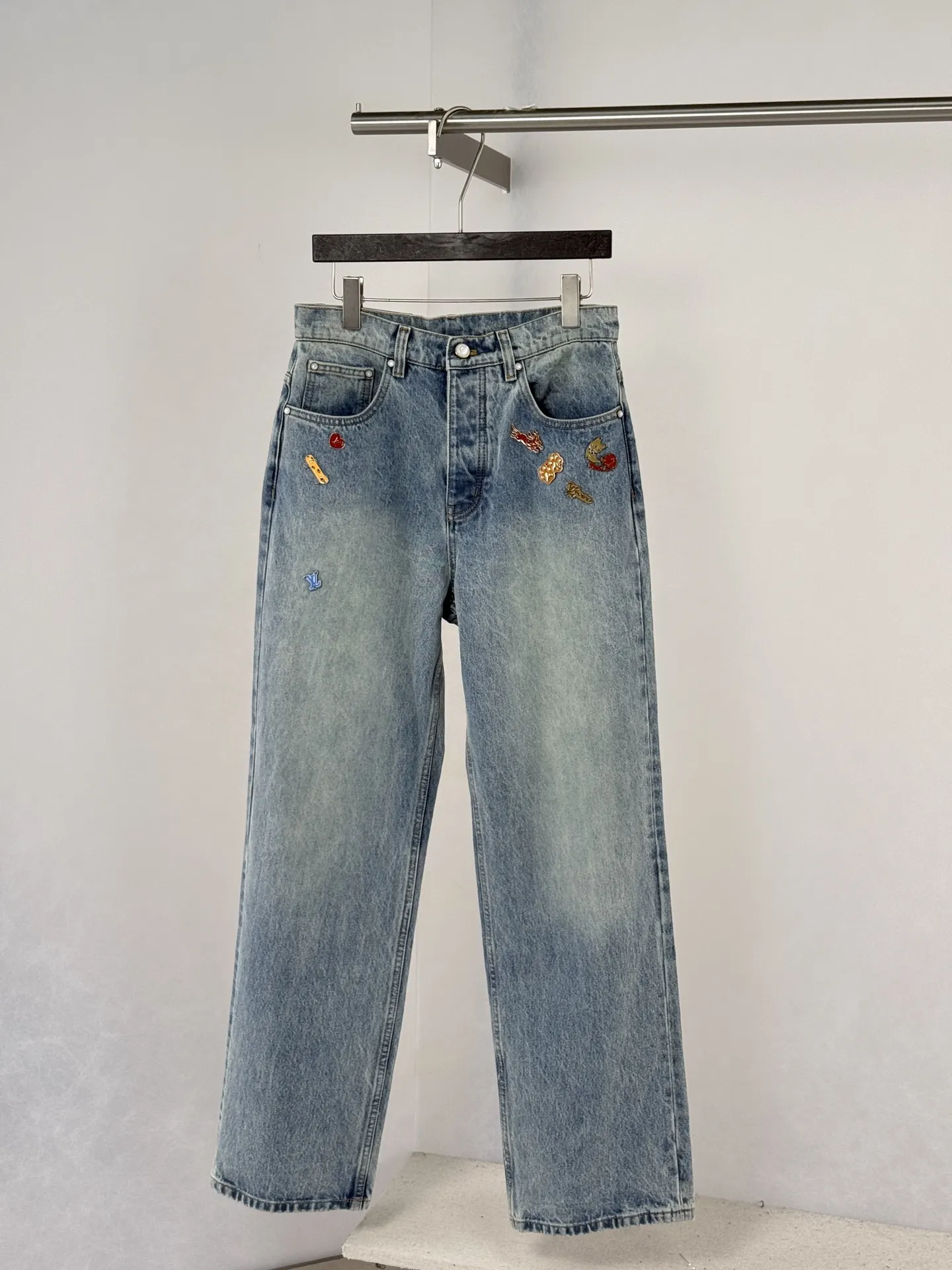 Embellished Straight-Leg Jeans with Logo Embroidery D34522025