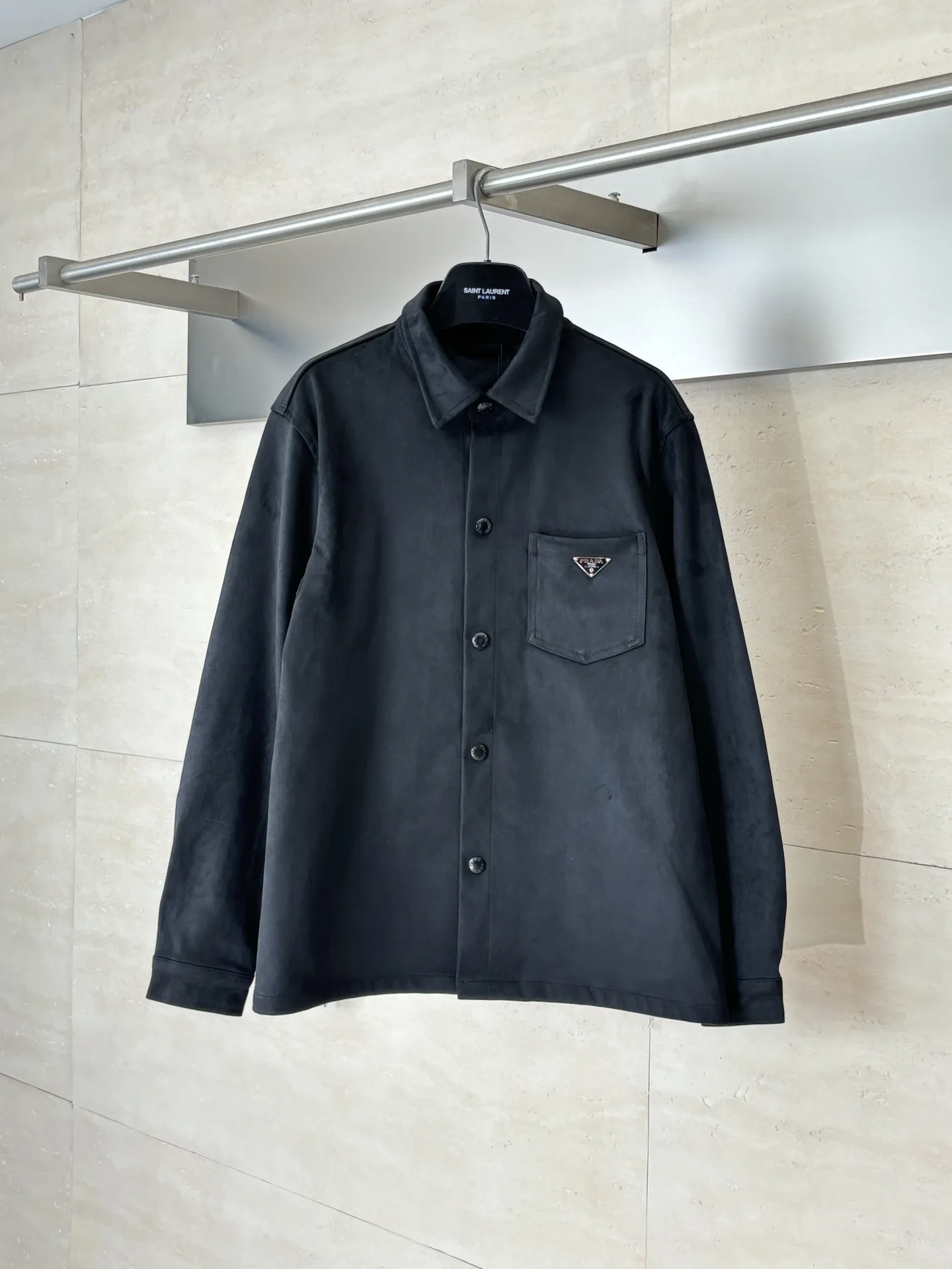 Faux Suede Shirt Jacket with Enamel Triangle Logo D34518616