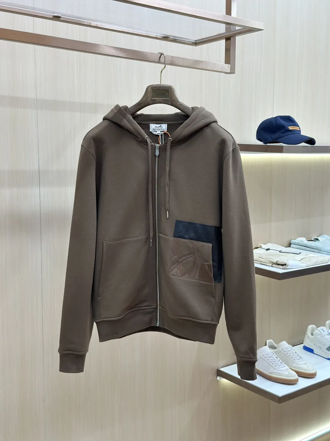 Leather-Trimmed Embroidered Zip-Up Hoodie D35020572