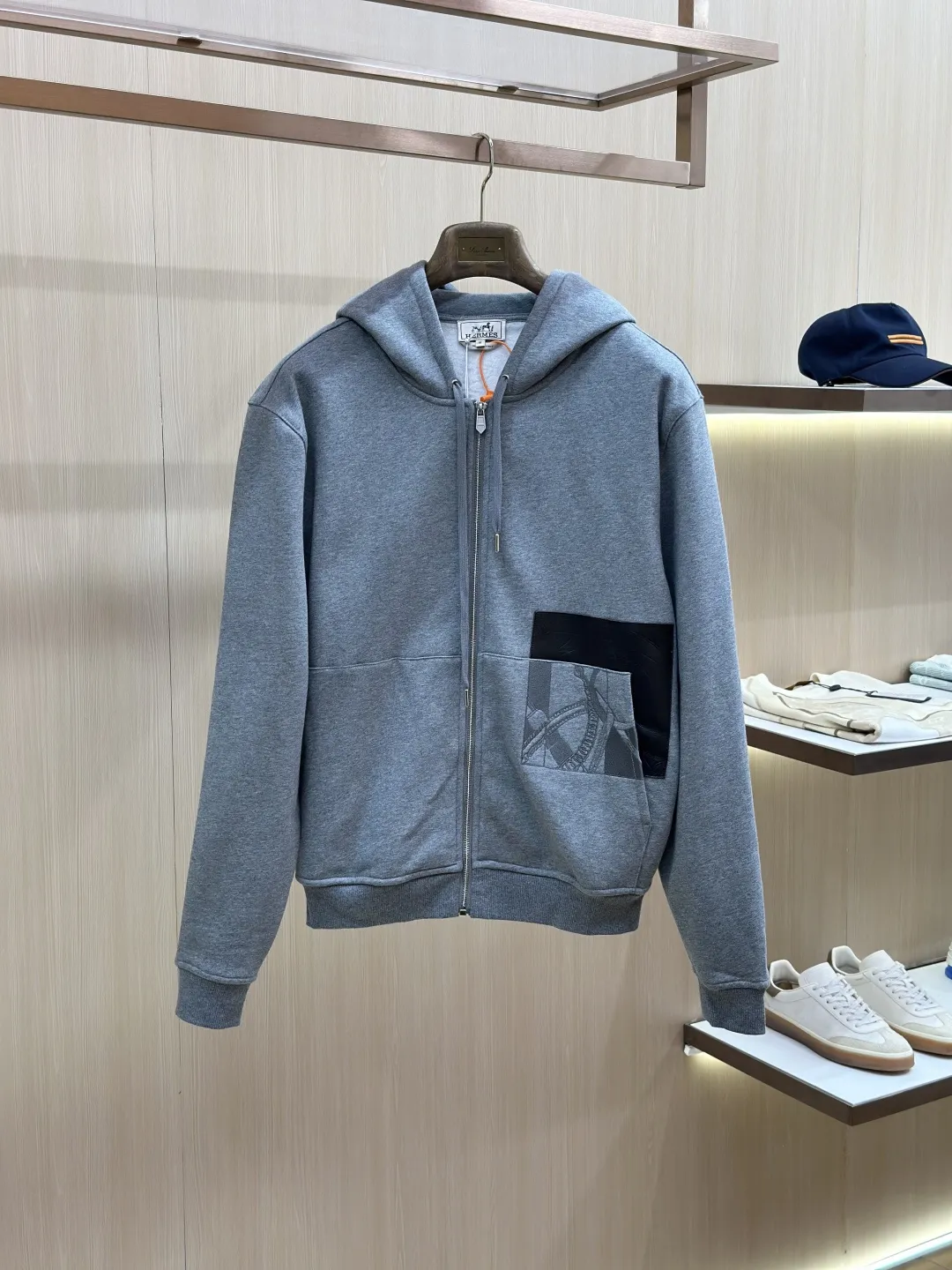 Leather-Trimmed Embroidered Zip-Up Hoodie D36020433
