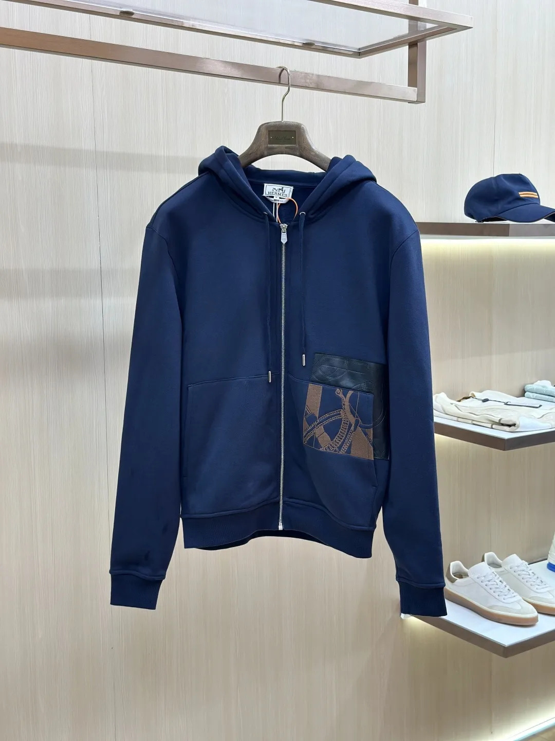 Embroidered Leather-Trim Zip-Up Hoodie D36020434