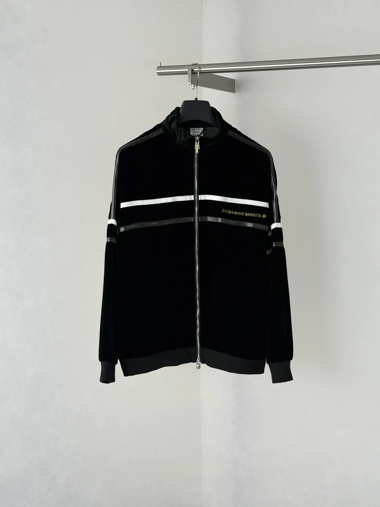 Embroidered Velvet Track Jacket with Leather Trim D36518664
