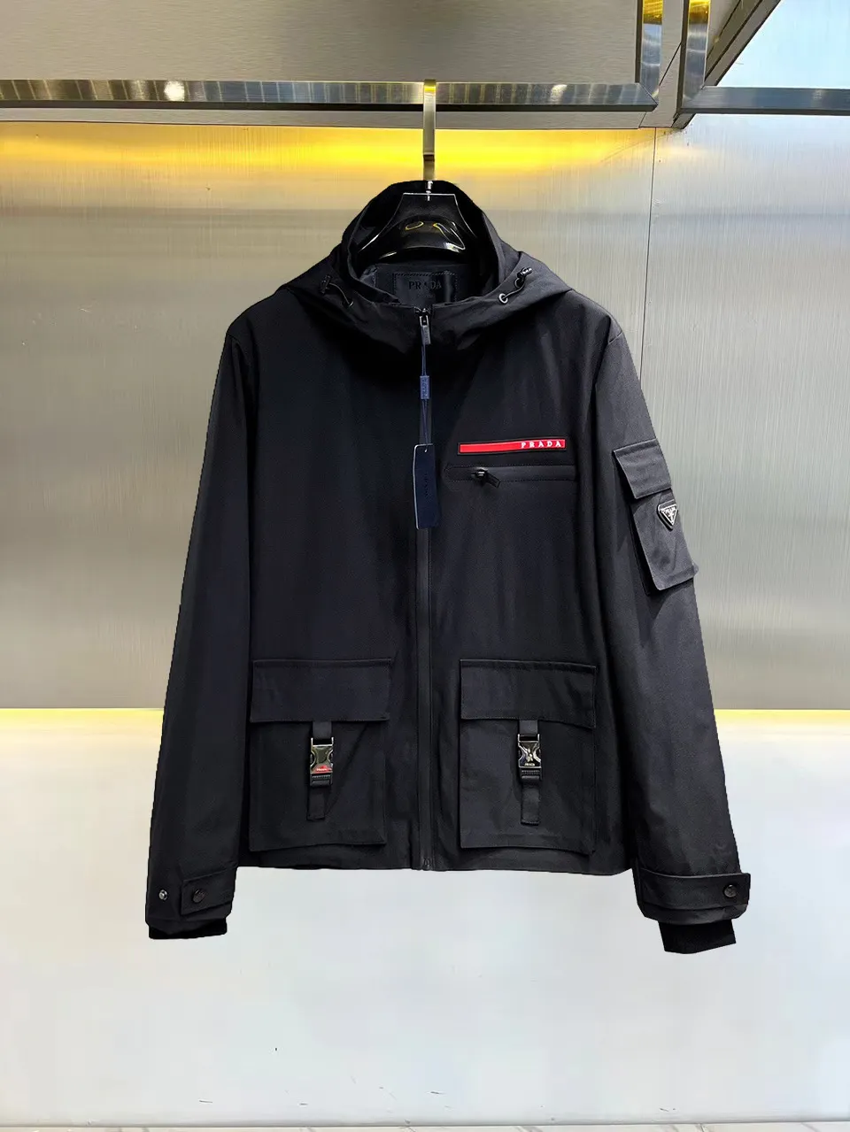 Hooded Technical Fabric Utility Jacket D38015106