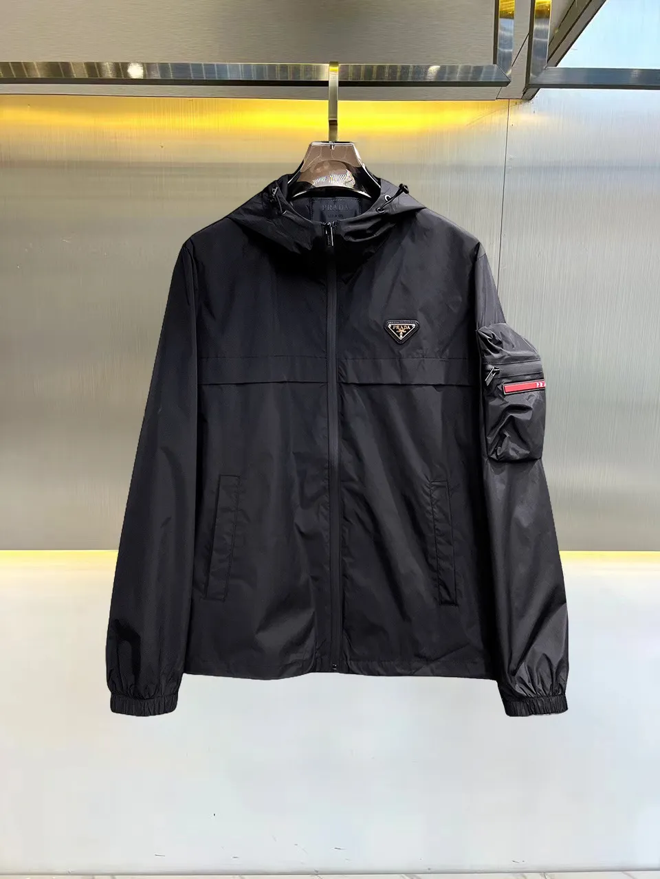 Hooded Nylon Zip-Up Jacket with Arm Pocket D38015109