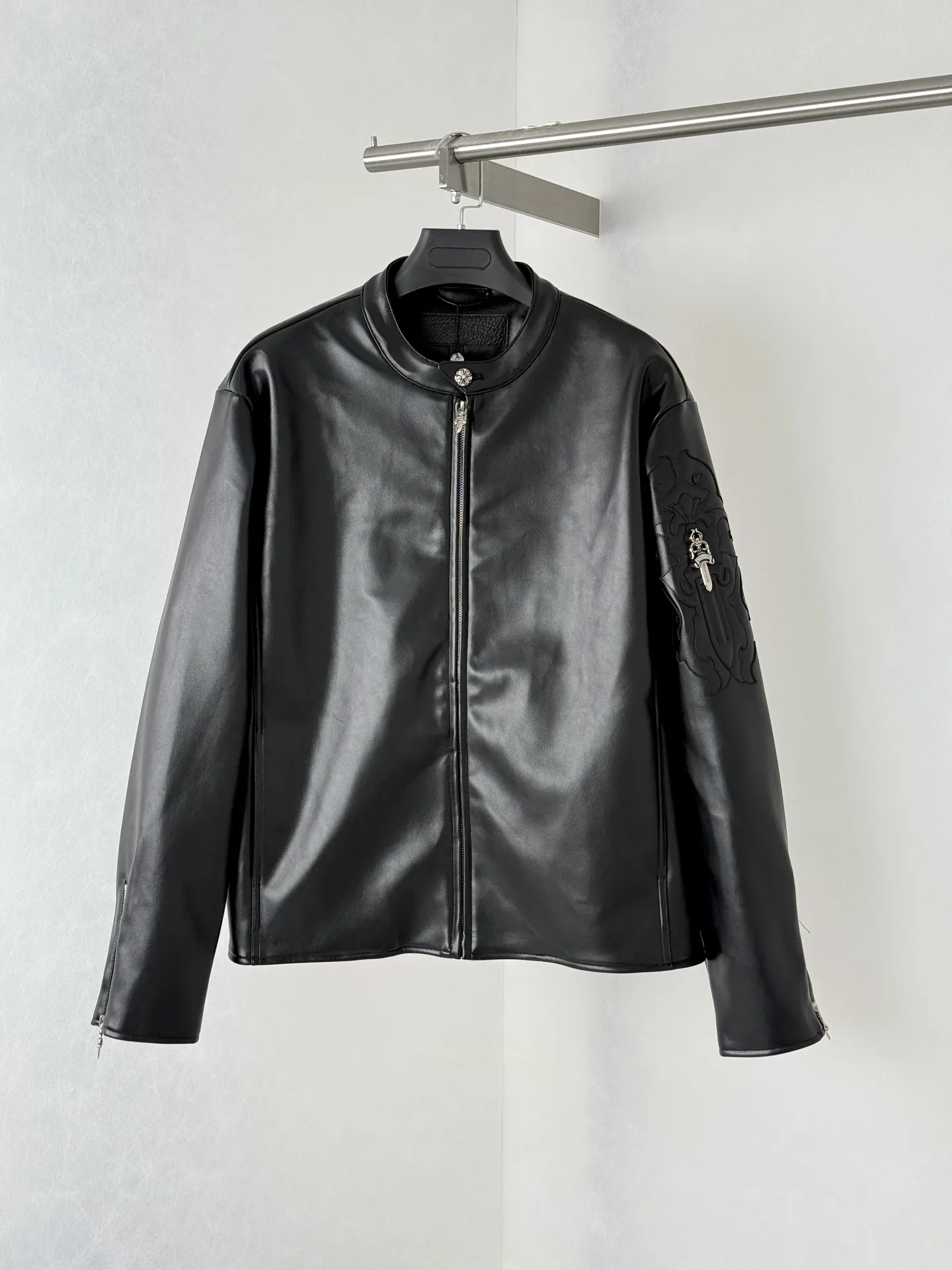 Embroidered Dagger Leather Cafe Racer Jacket D39521977