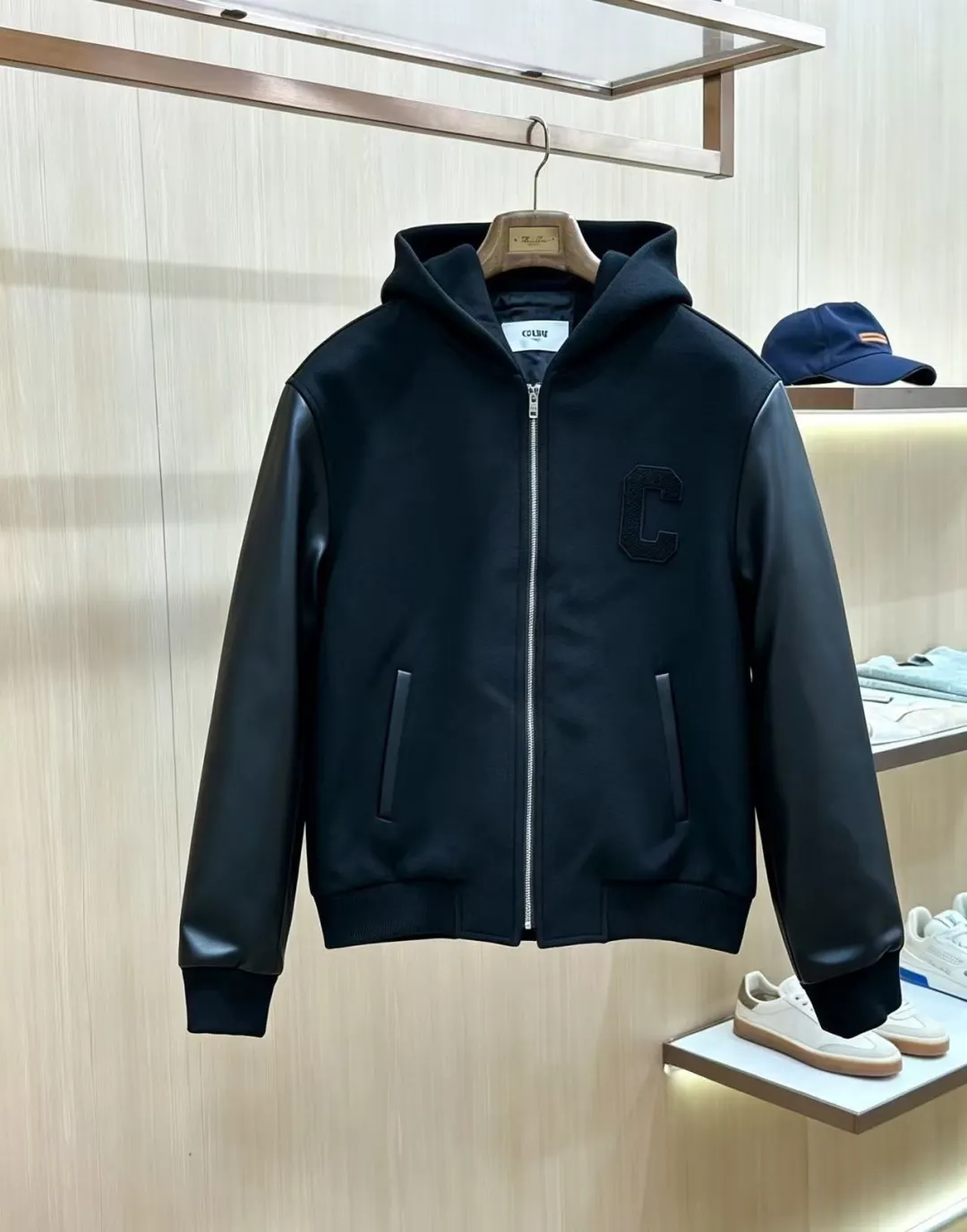 Leather-Sleeve Wool-Blend Hooded Varsity Jacket D40020439