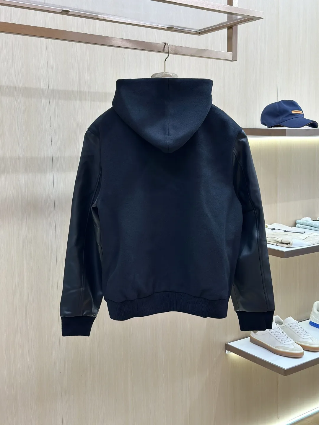 Leather-Sleeve Wool-Blend Hooded Varsity Jacket D40020439 — view 2