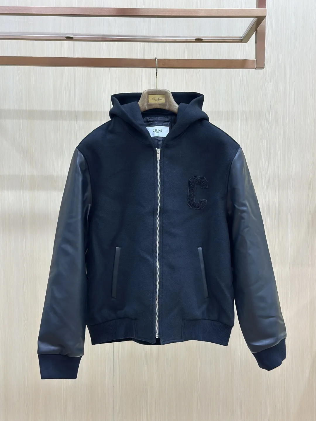 Leather-Sleeve Wool-Blend Hooded Varsity Jacket D40020439 — view 3