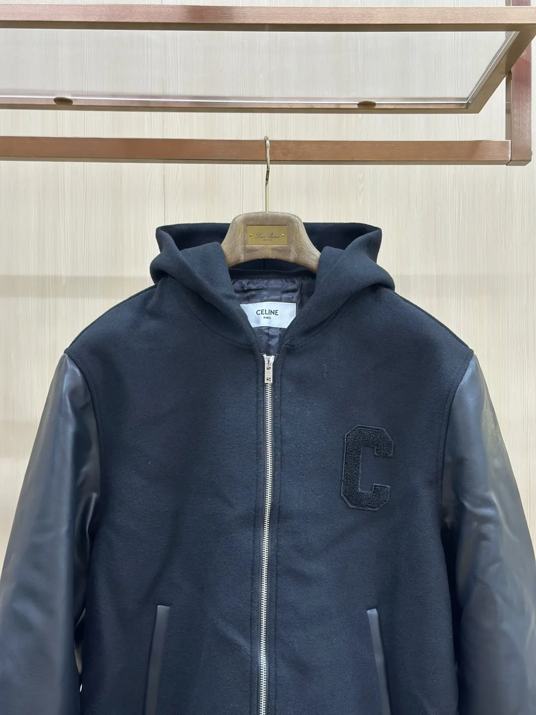 Leather-Sleeve Wool-Blend Hooded Varsity Jacket D40020439 — view 4