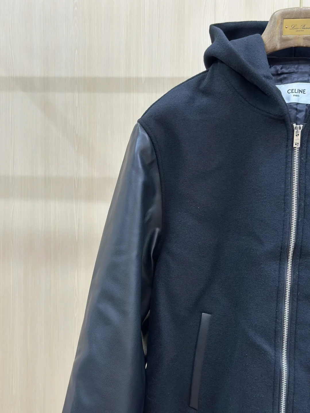 Leather-Sleeve Wool-Blend Hooded Varsity Jacket D40020439 — view 5