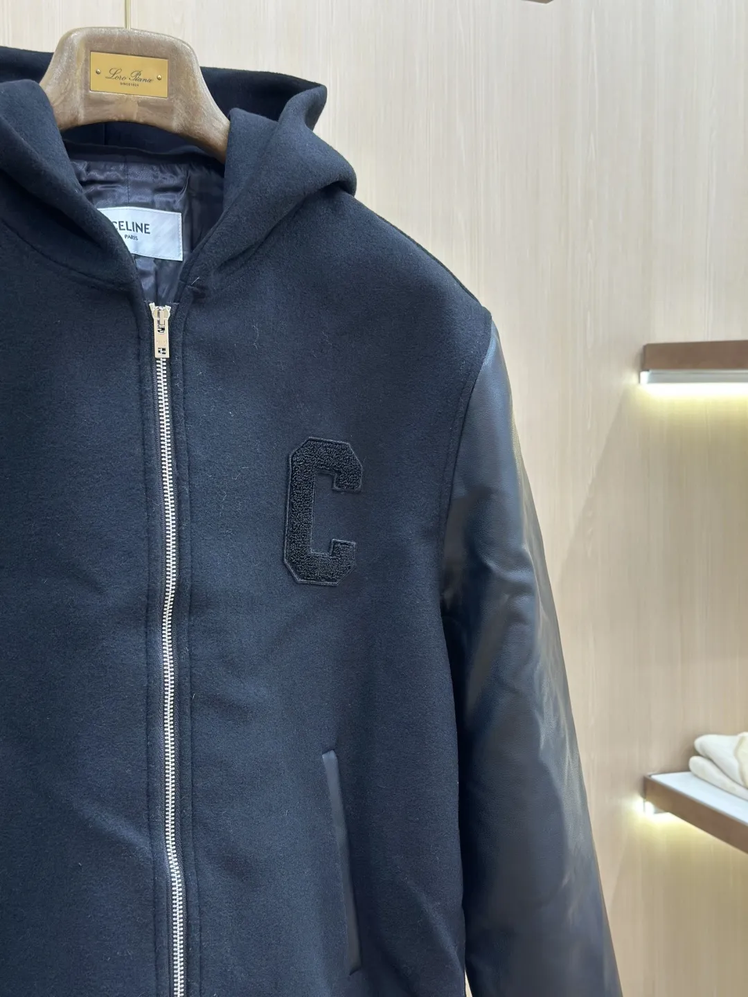 Leather-Sleeve Wool-Blend Hooded Varsity Jacket D40020439 — view 6
