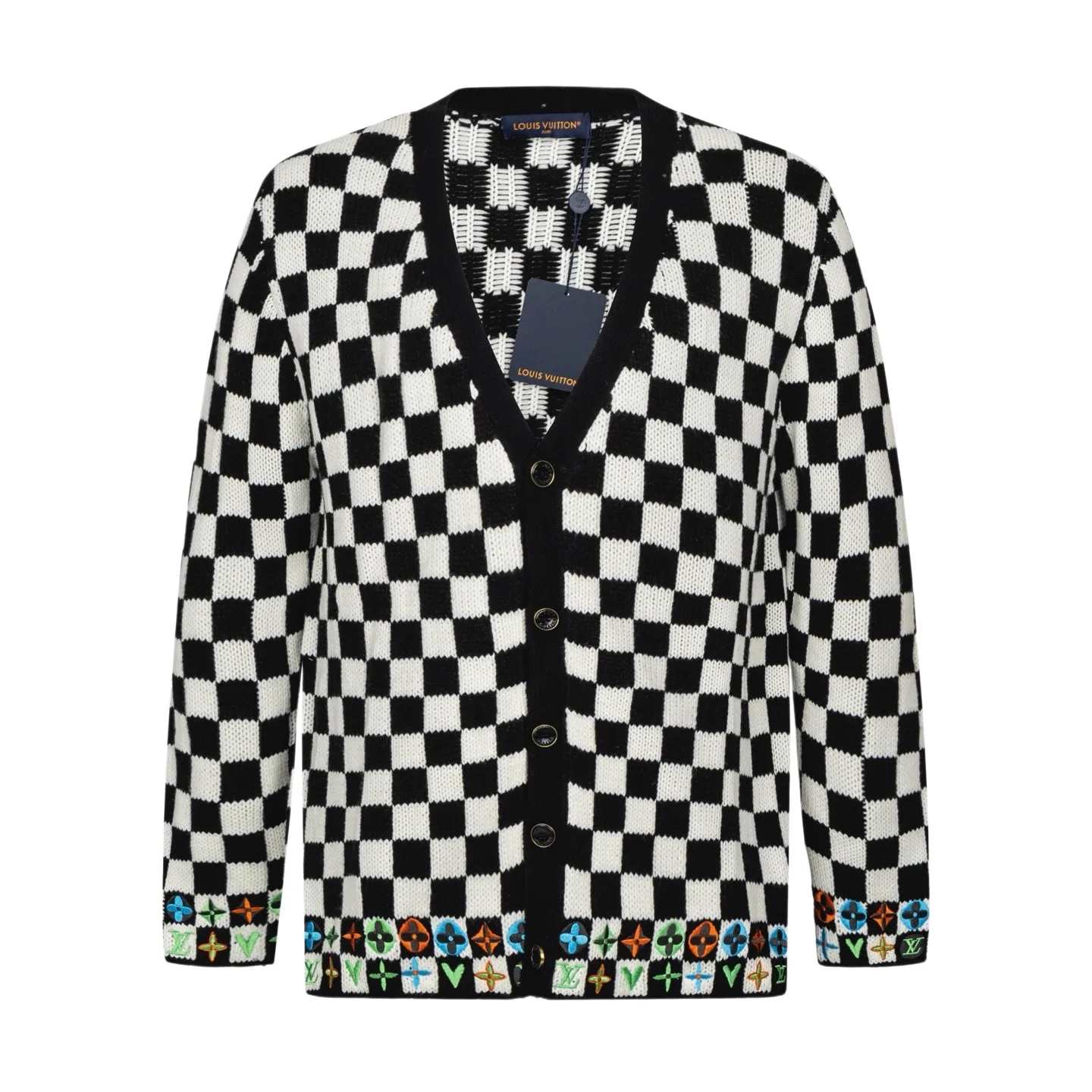 Damier Check Floral Embroidered Wool Cardigan D41522446