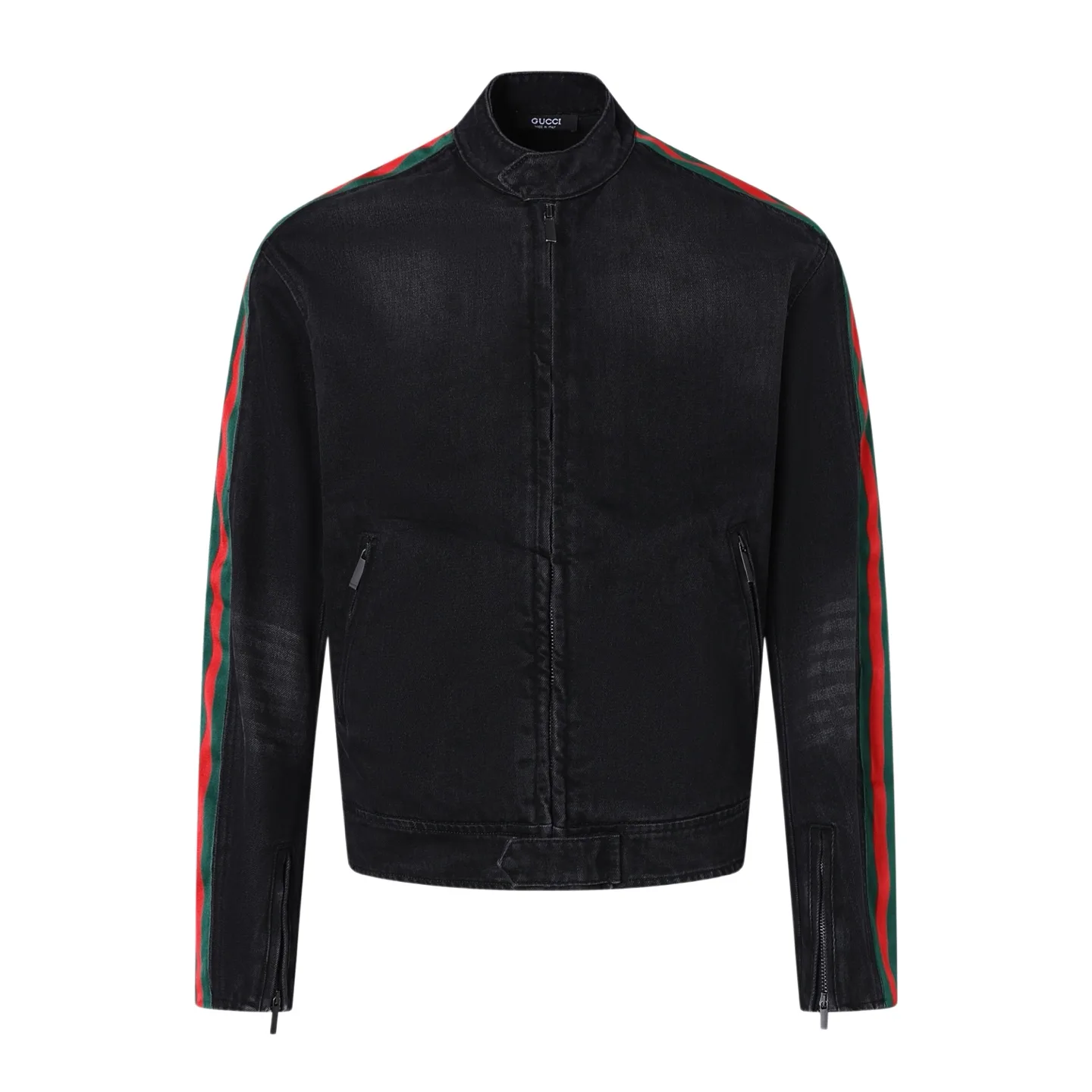 Web-Stripe Washed Denim Biker Jacket D43022443