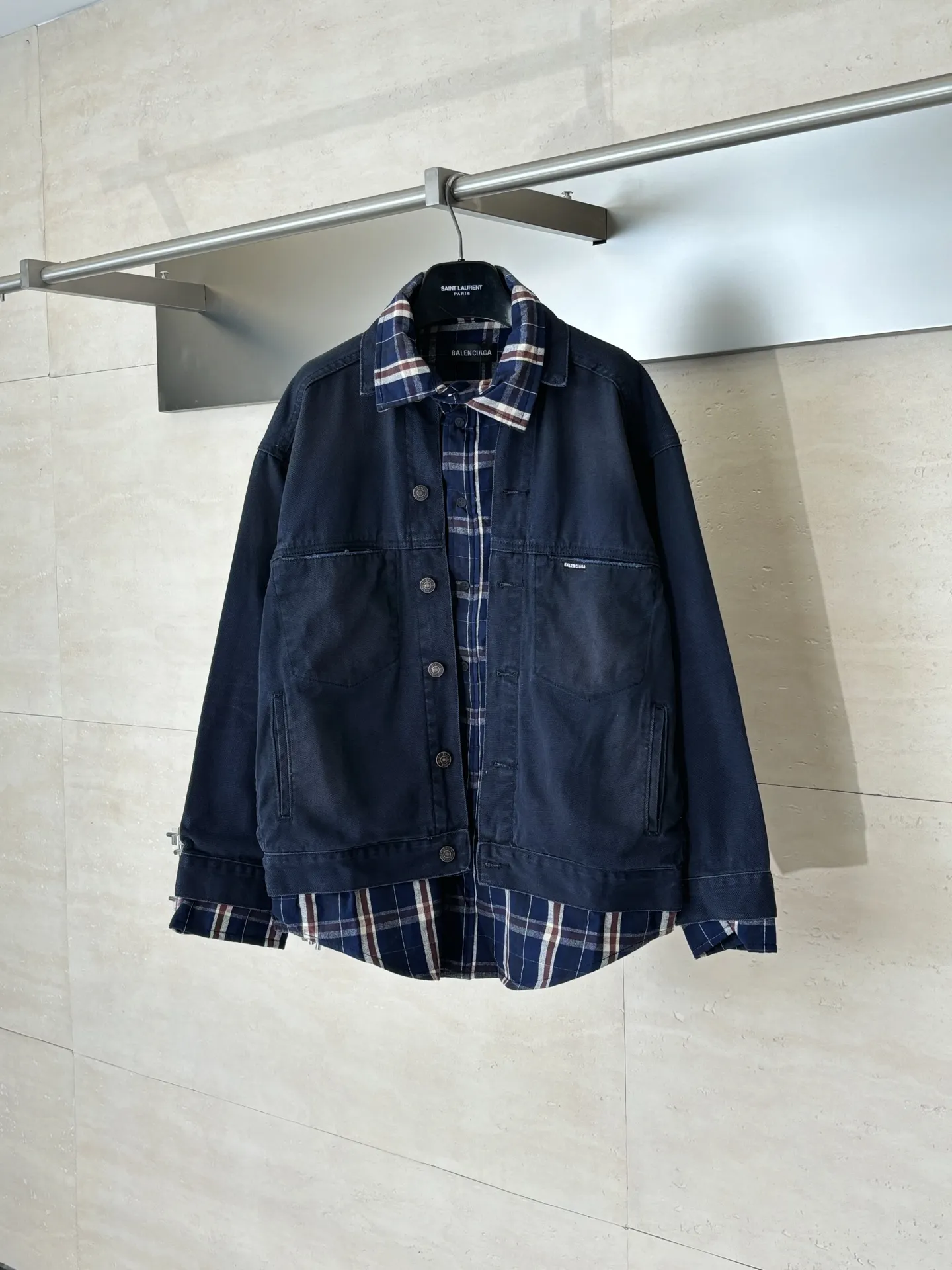 Layered Plaid-Panel Denim Jacket D44022011