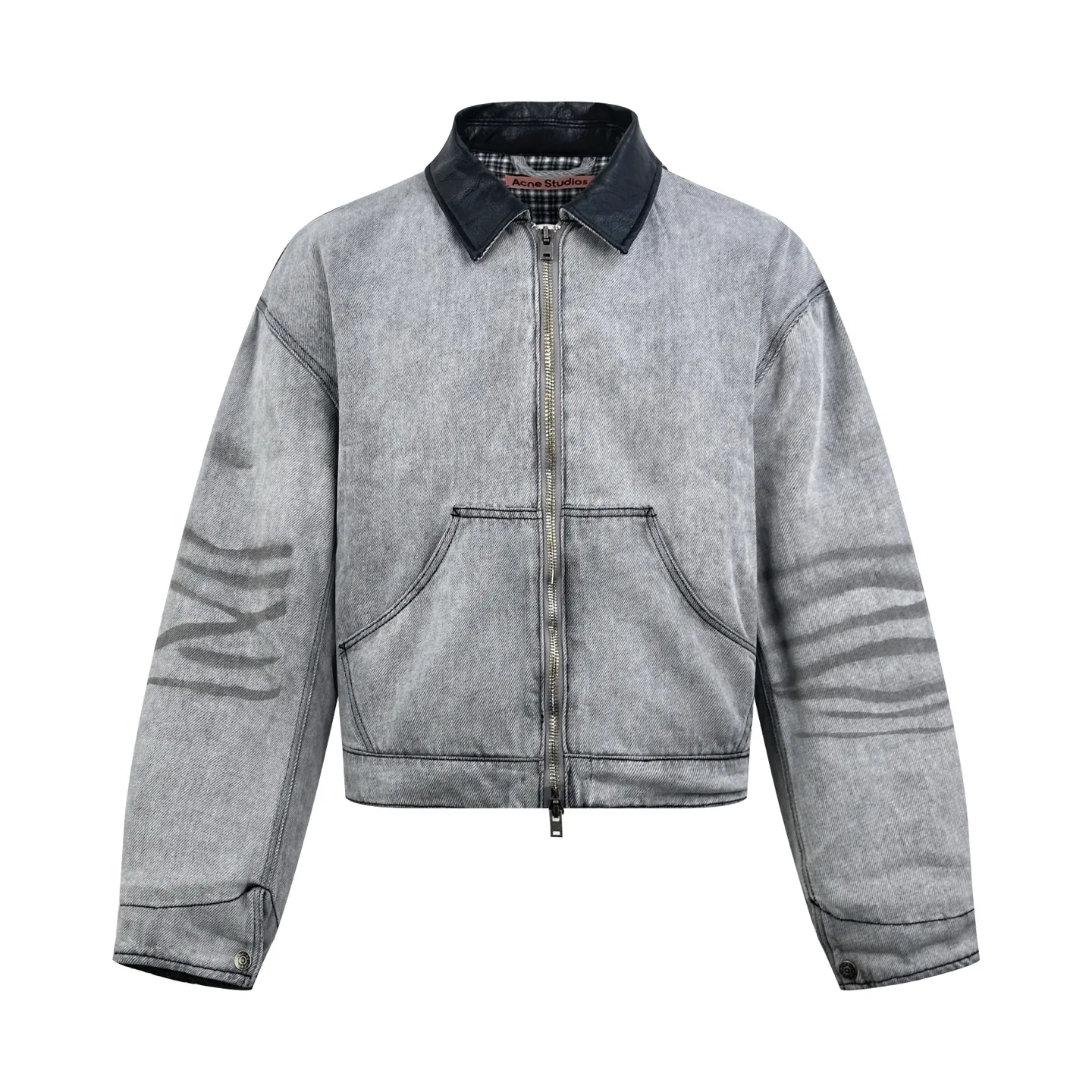 Leather-Trimmed Distressed Denim Work Jacket D50020518