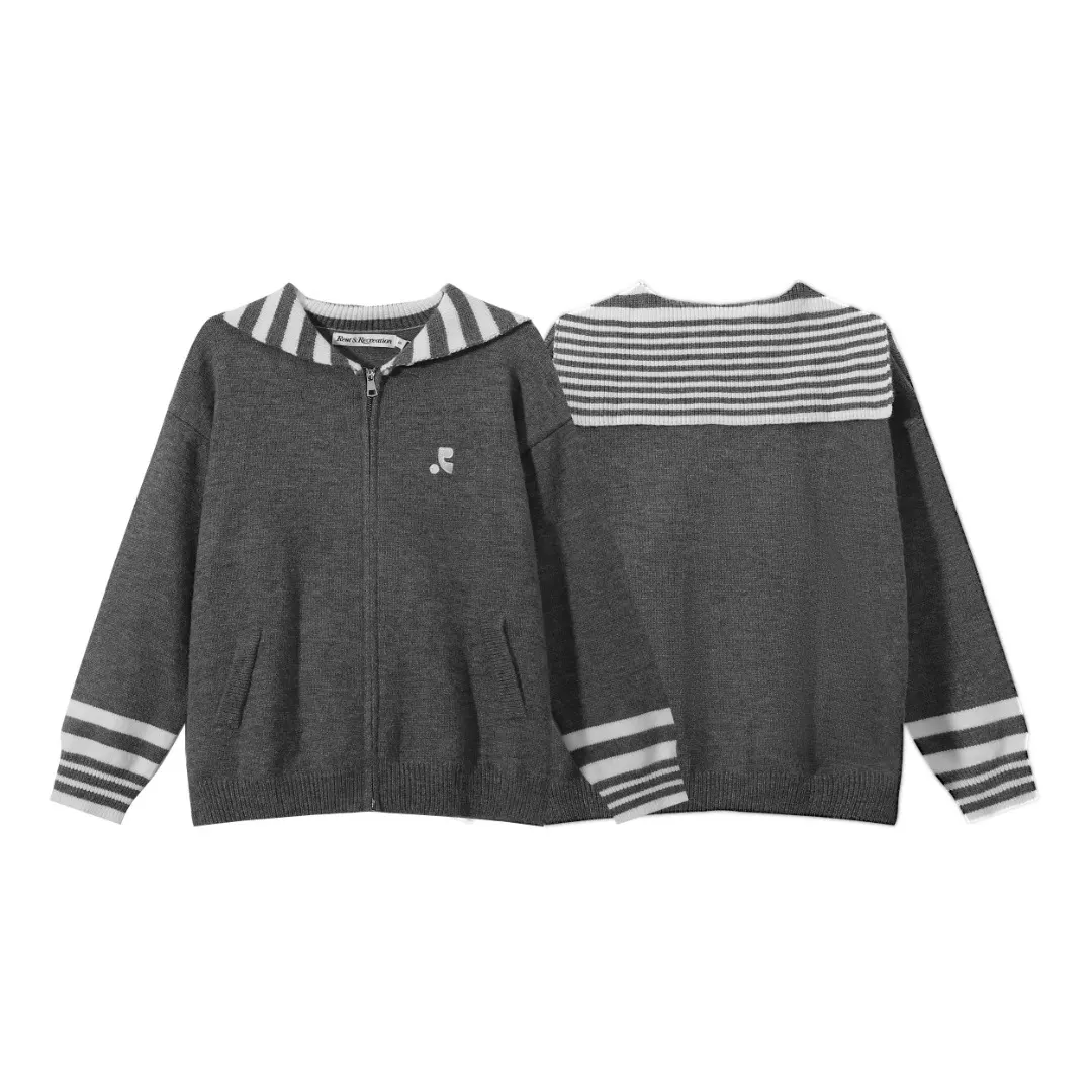 Striped Sailor Collar Zip-Up Knit Cardigan D11816009