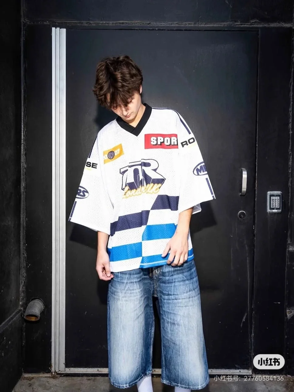 Oversized Striped Mesh Football Jersey D14523788