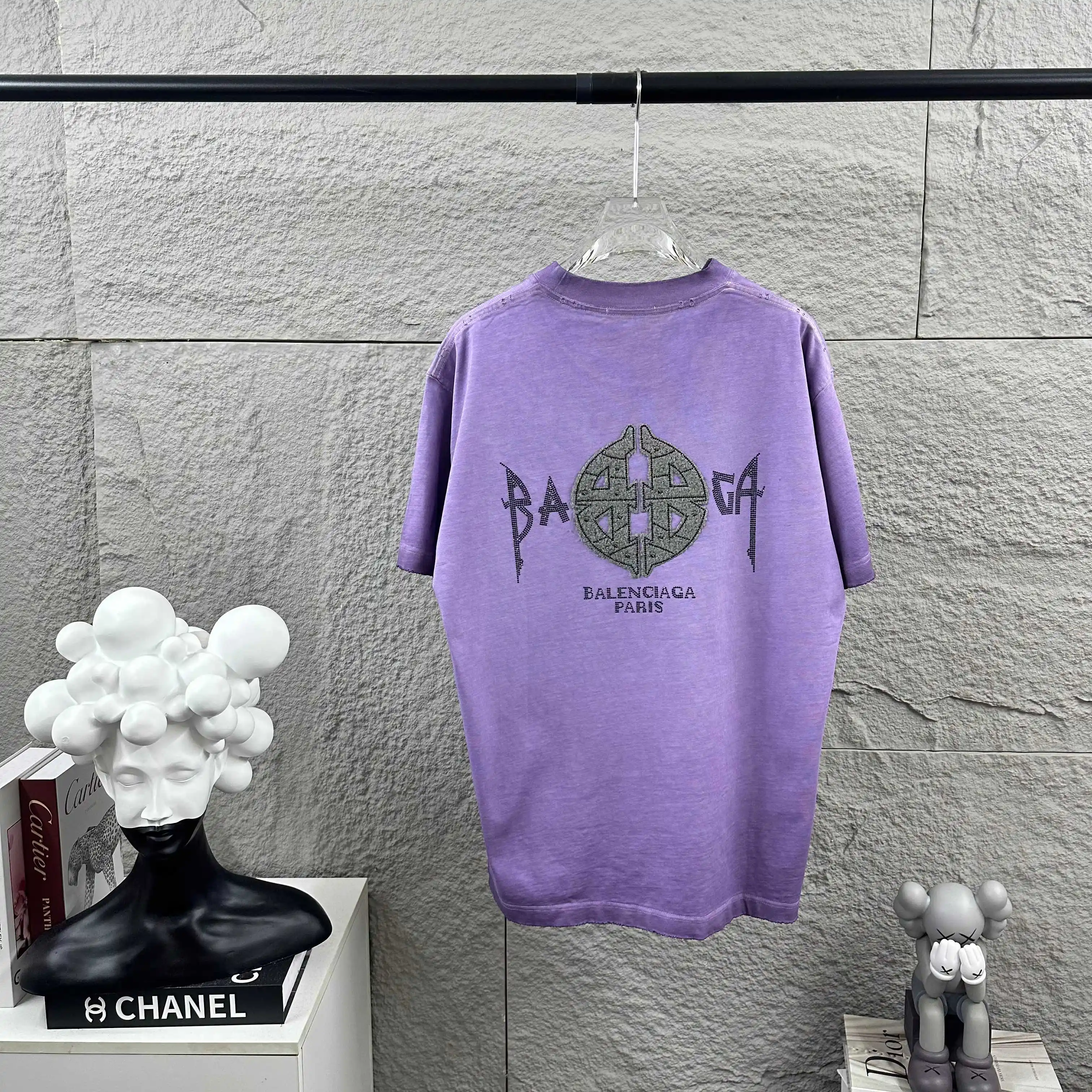 Distressed Rhinestone Logo Cotton T-Shirt D15012480