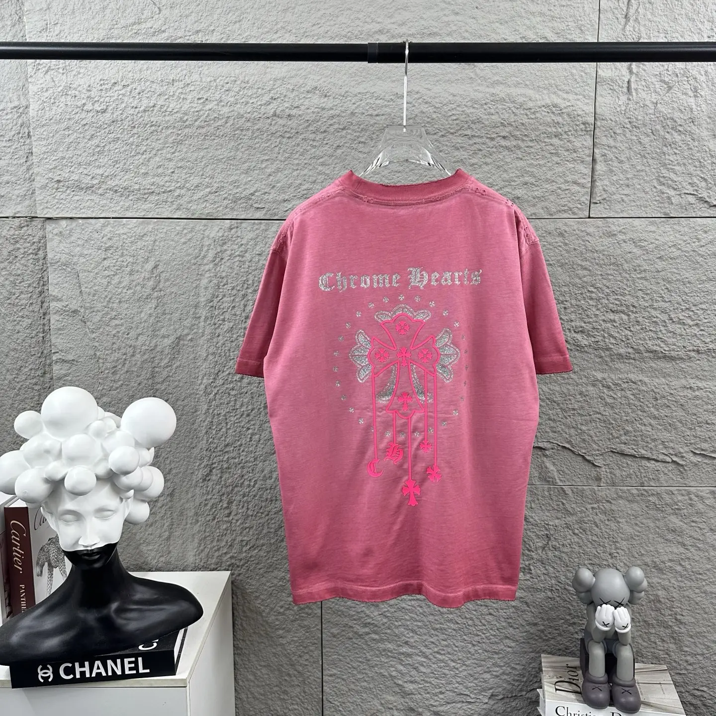 Rhinestone Logo Distressed Cotton T-Shirt D15019720