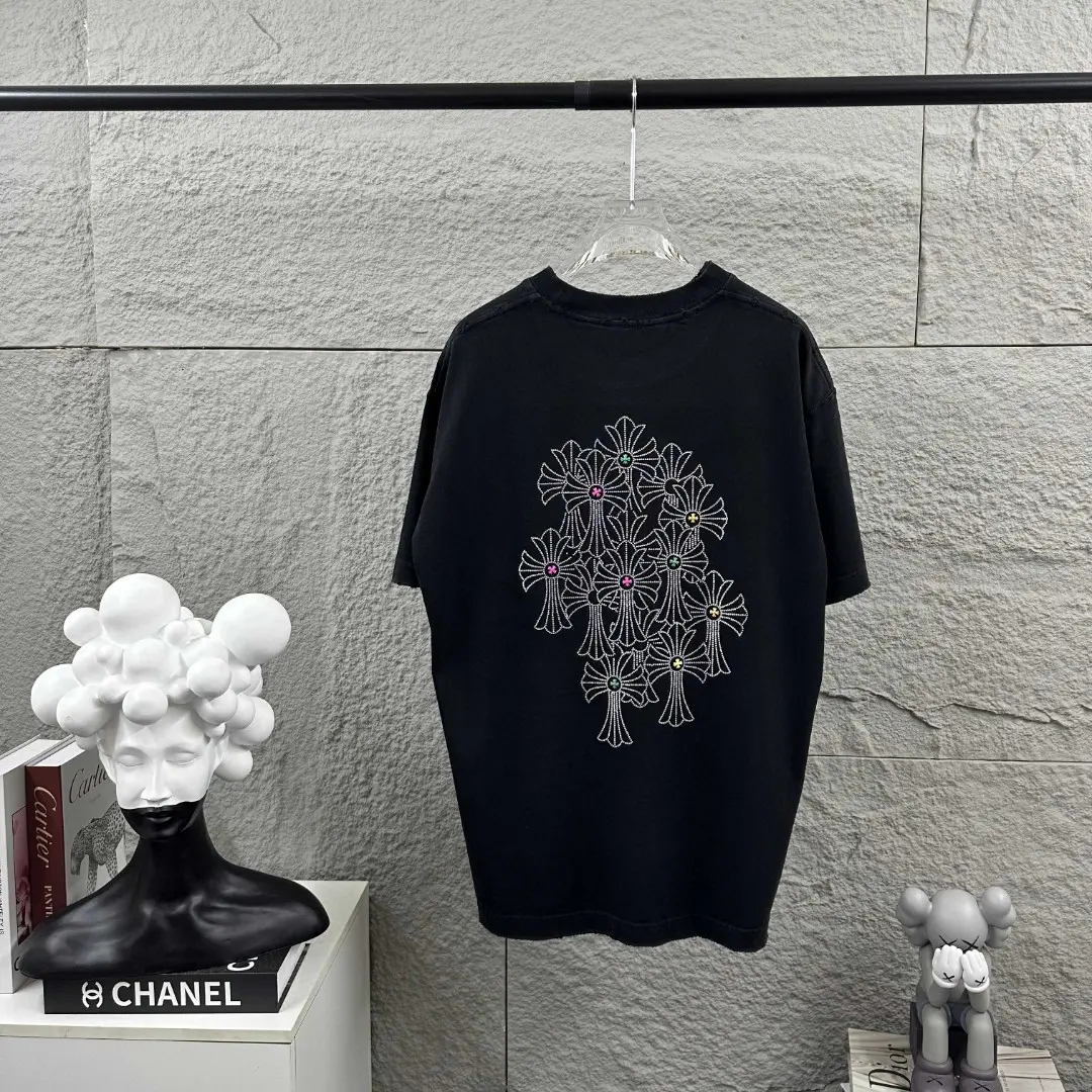 Rhinestone Cross Motif Washed Cotton T-Shirt D15019696