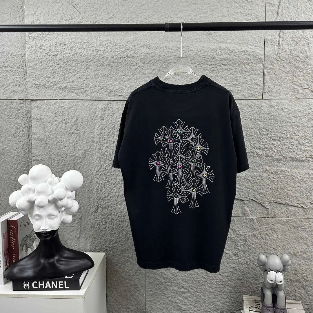 Rhinestone Cross Motif Washed Cotton T-Shirt D15019696