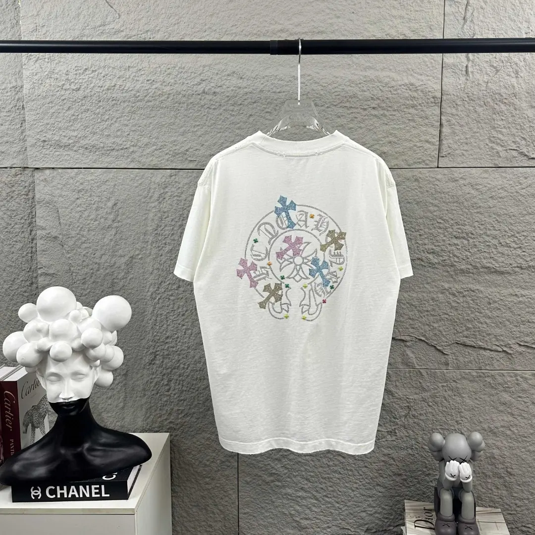 Distressed Rhinestone Logo Cotton T-Shirt D15019688