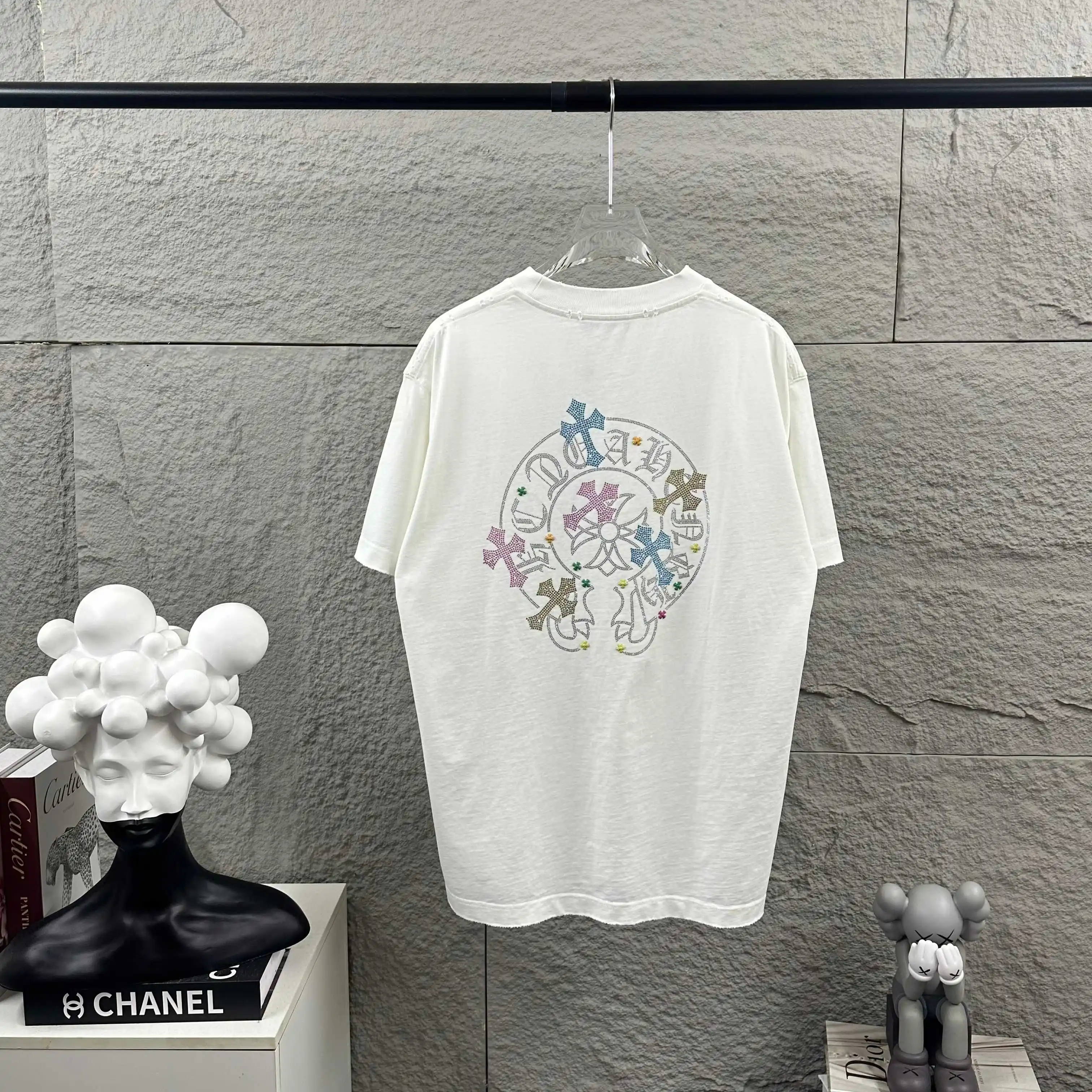 Rhinestone Embellished Distressed Cotton T-Shirt D15012481