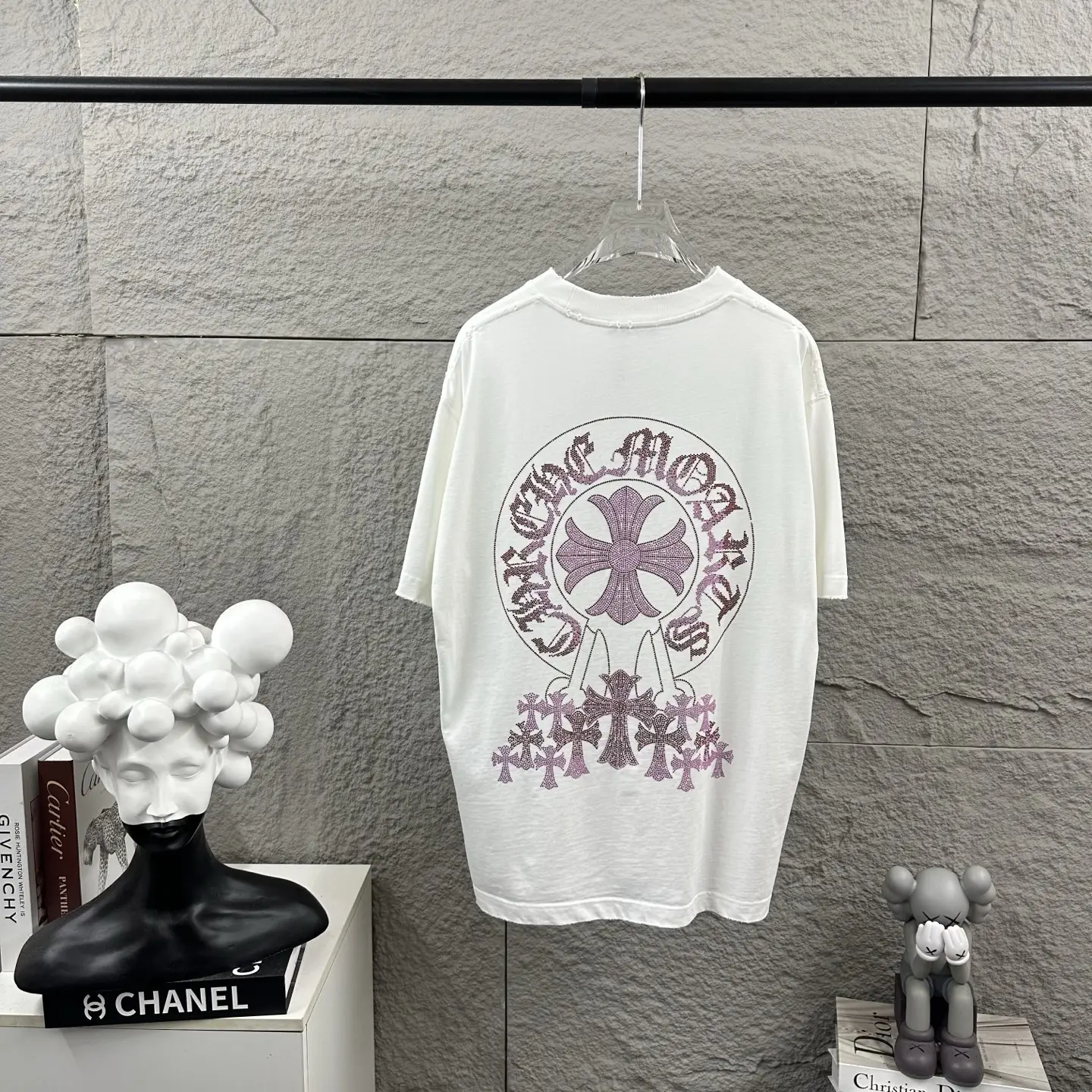 Distressed Rhinestone Logo Cotton T-Shirt D15019722
