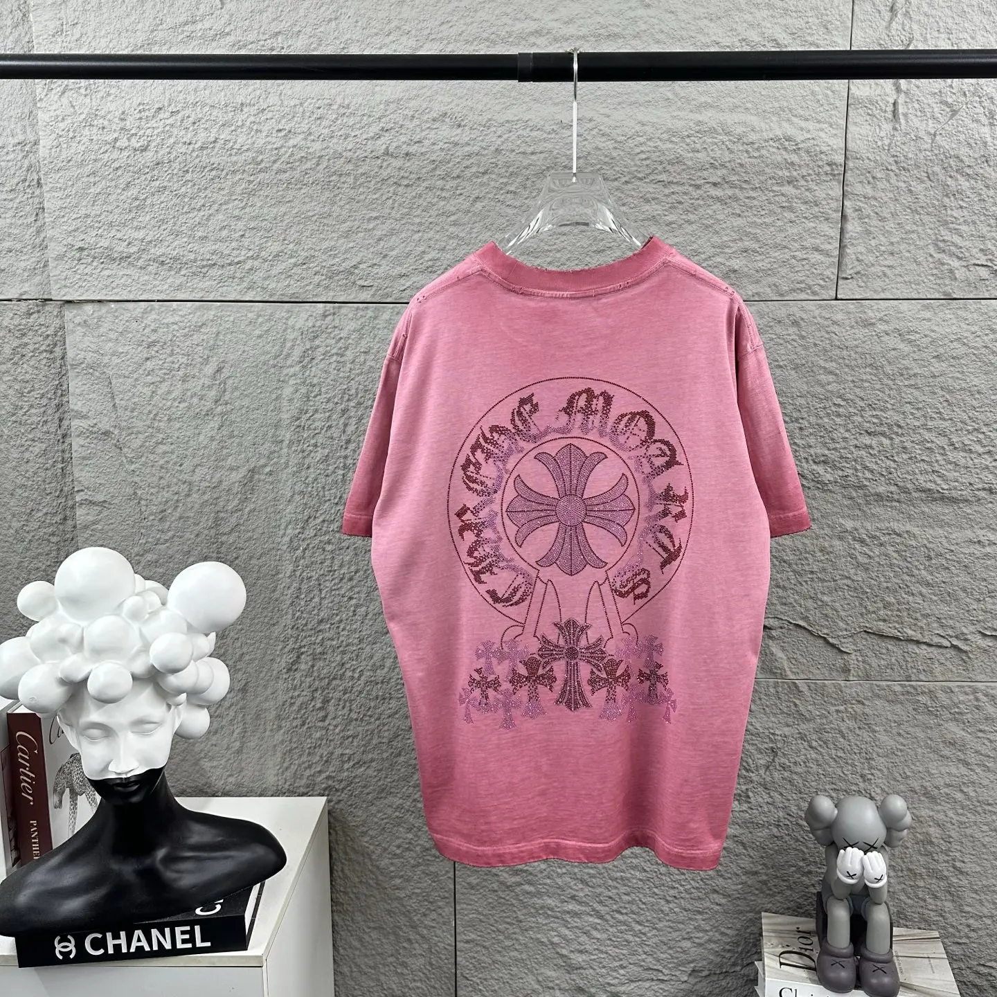 Rhinestone Logo Distressed Cotton T-Shirt D15019724
