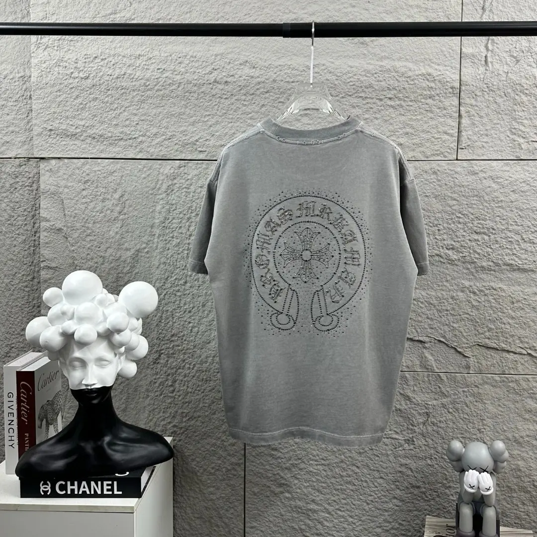 Distressed Rhinestone Logo Cotton T-Shirt D15019646