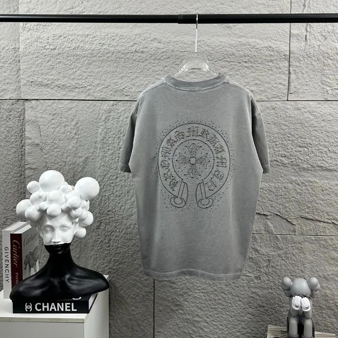 Distressed Rhinestone Logo Cotton T-Shirt D15019646