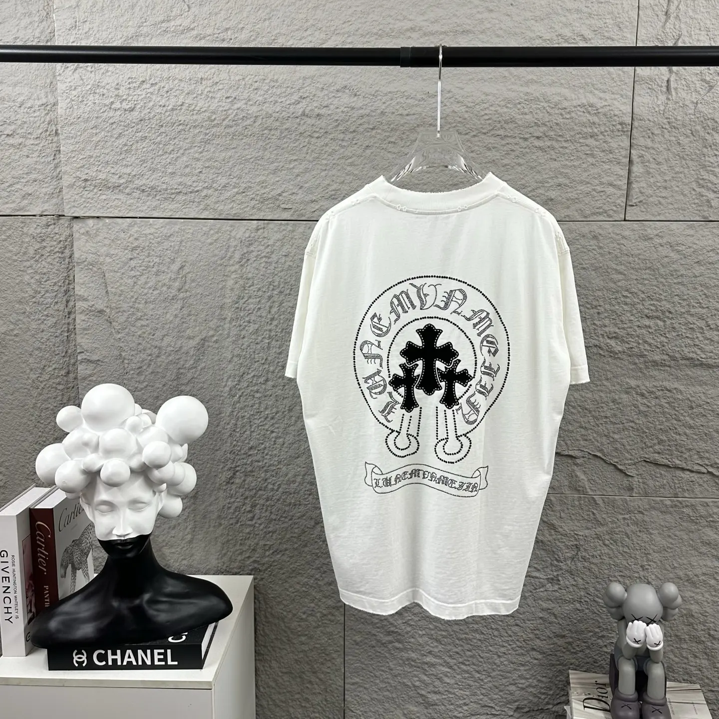 Distressed Rhinestone Logo Cotton T-Shirt D15019730