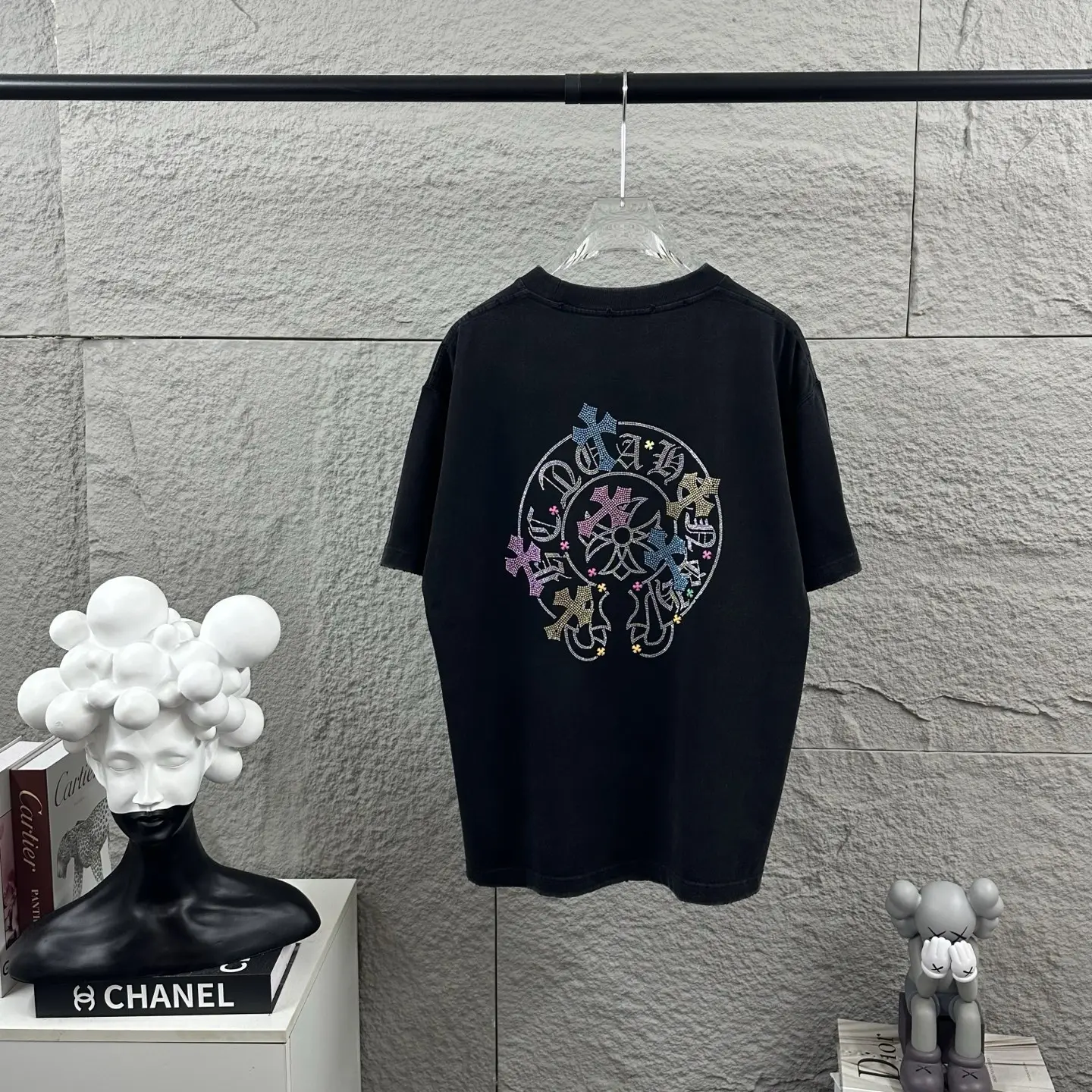 Rhinestone Logo Distressed Cotton T-Shirt D15019735